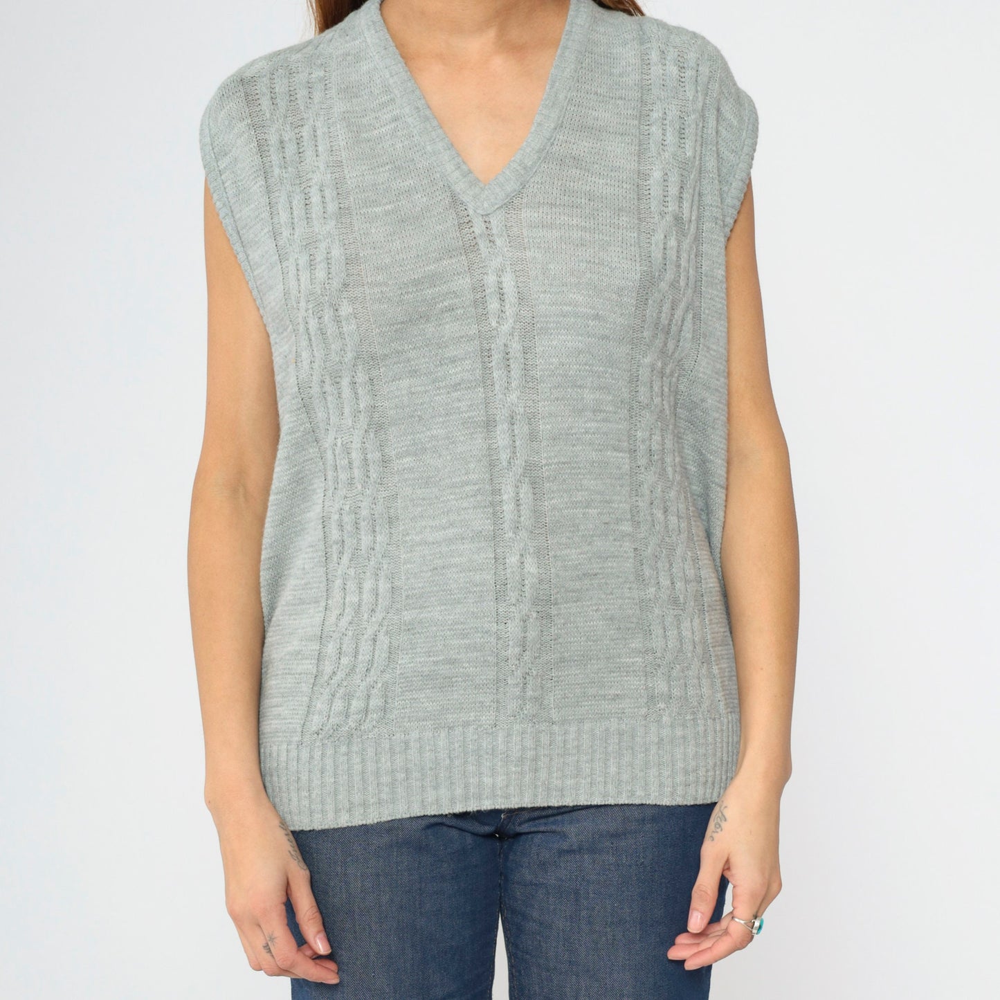 90s Steeplechase Cable Knit Vest Grey V-Neck Sleeveless Pullover Large L