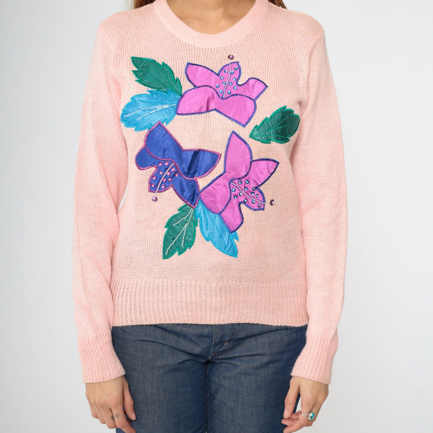 90s Baby Pink Sequin Floral Knit Sweater Beaded Crewneck Small