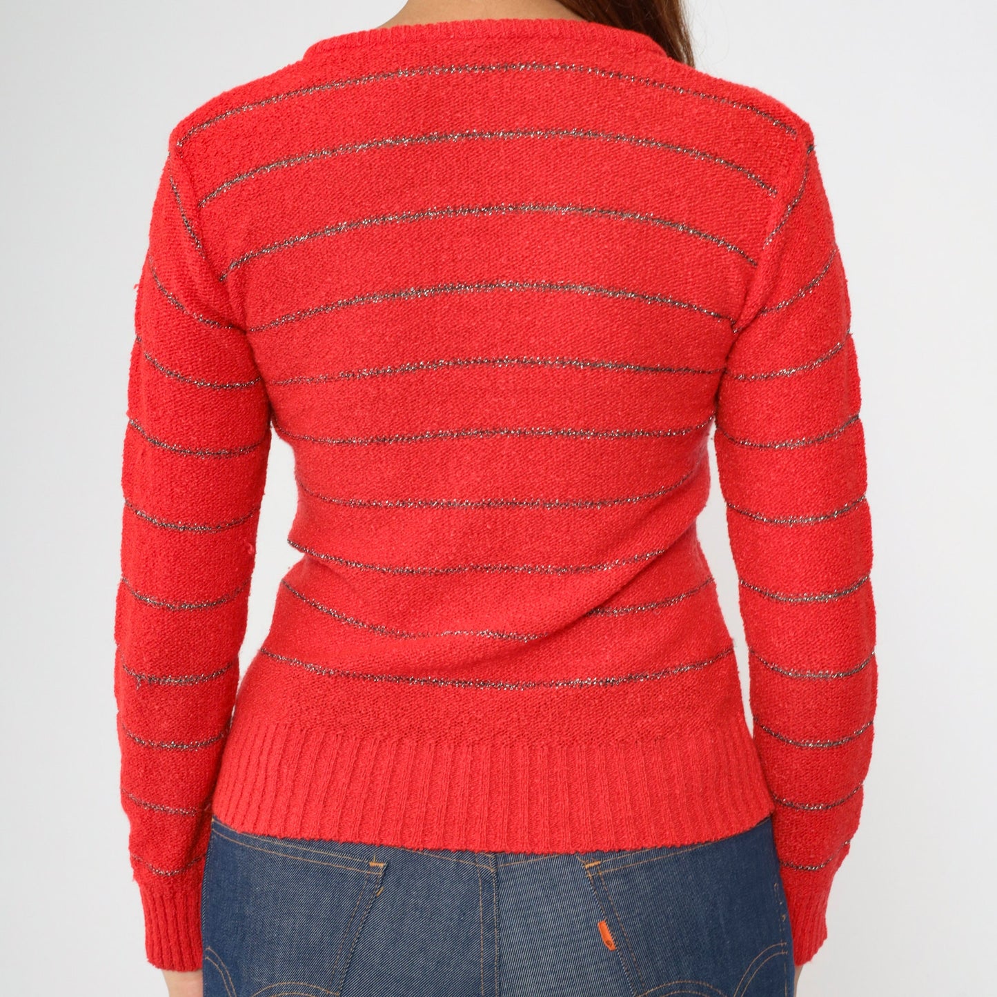 70s Metallic Striped Sweater Red Silver V-Neck Pullover Knit Small