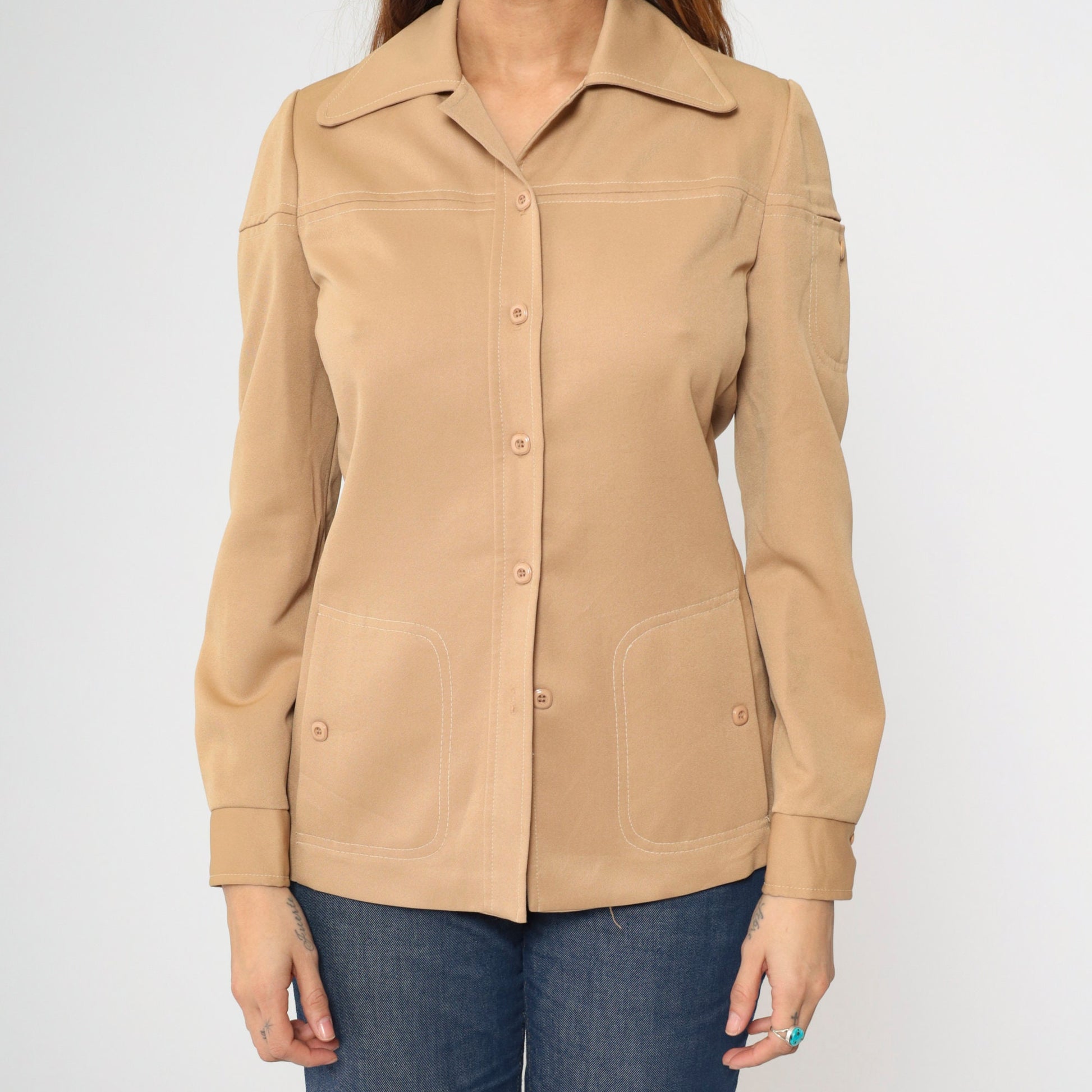 70s Tan Button-Up Blouse Dagger Collar Long Sleeve Pocket Shirt Small