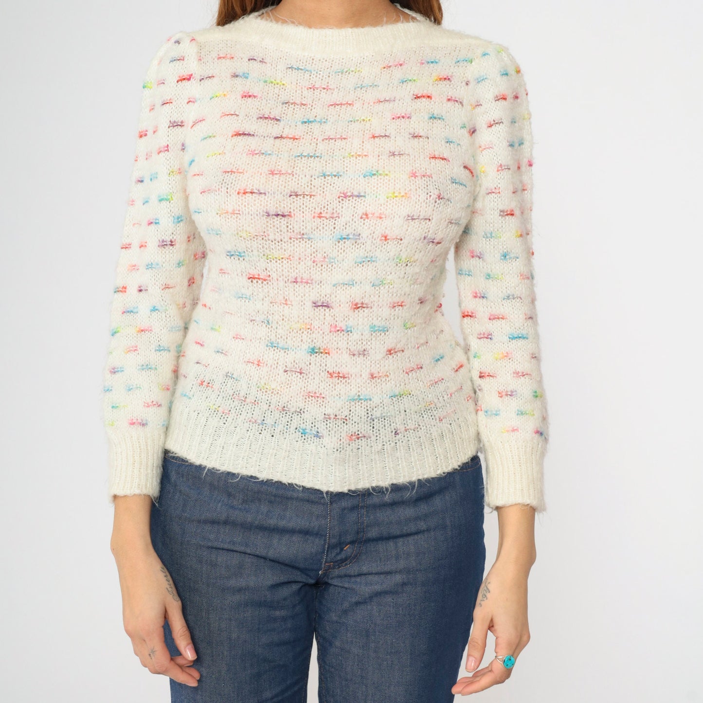 80s White Rainbow Striped Puff Sleeve Knit Sweater Boatneck Pullover XS