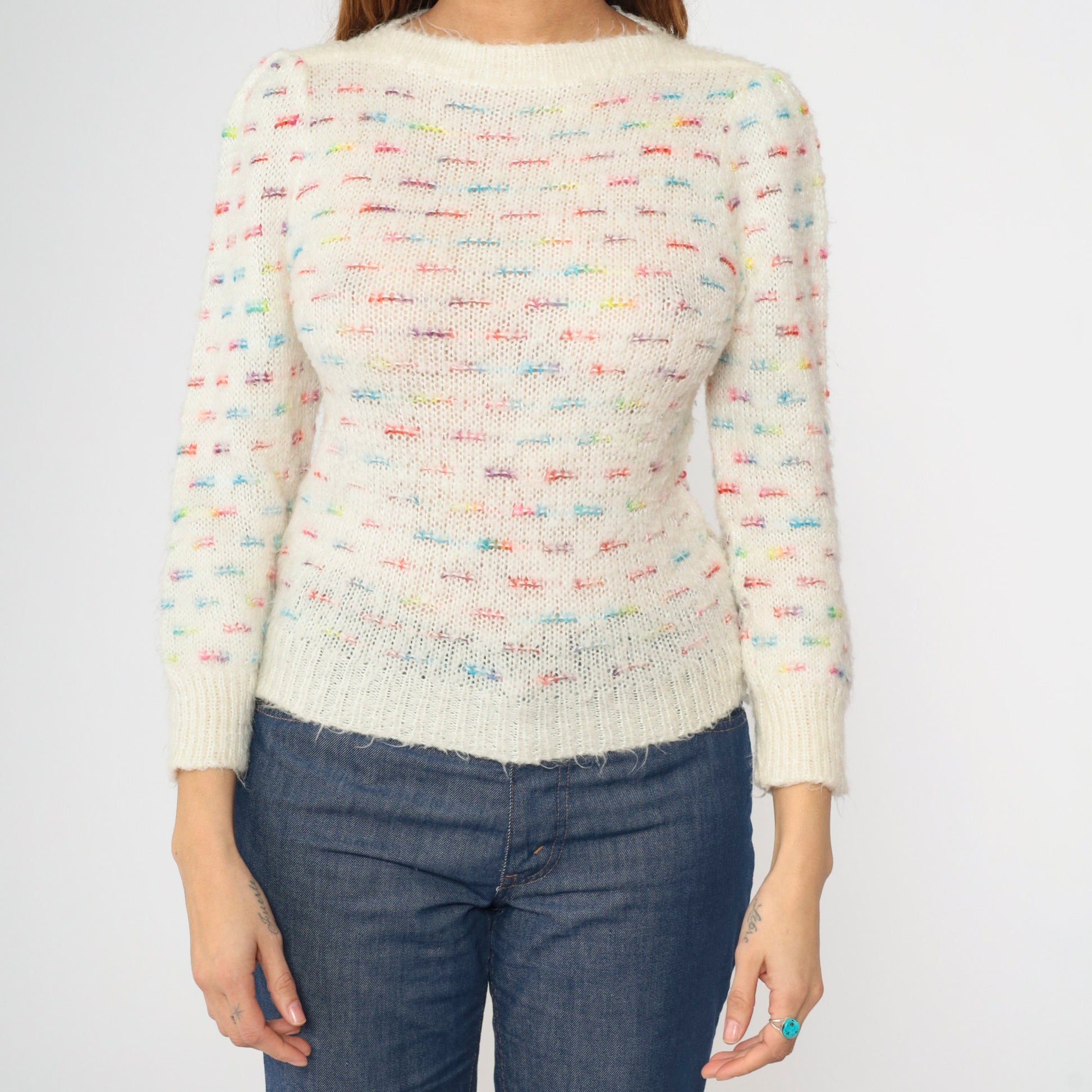 80s White Rainbow Striped Puff Sleeve Knit Sweater Boatneck Pullover XS