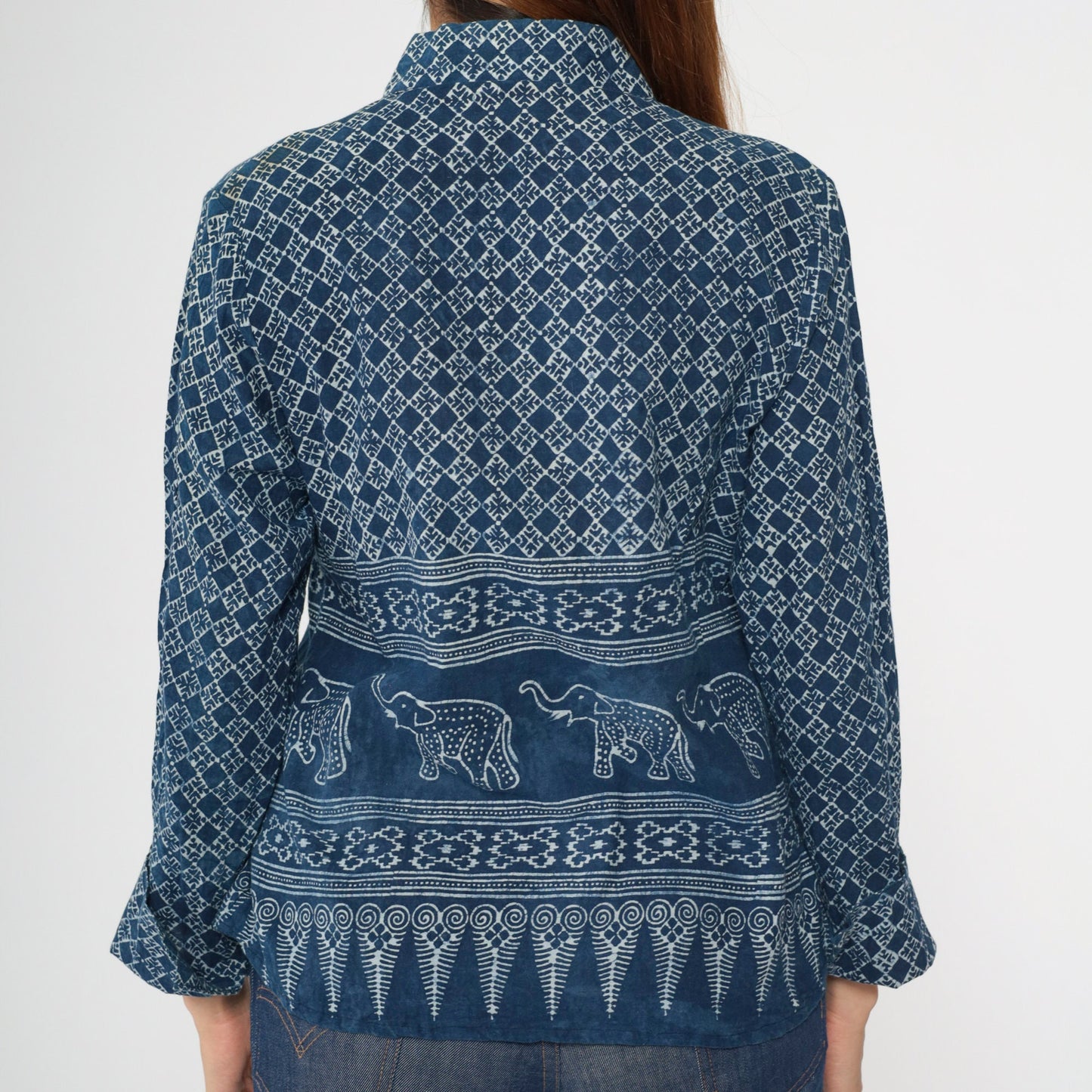 Y2K Blue Batik Elephant Print Button-Up Blouse Long Sleeve Medium