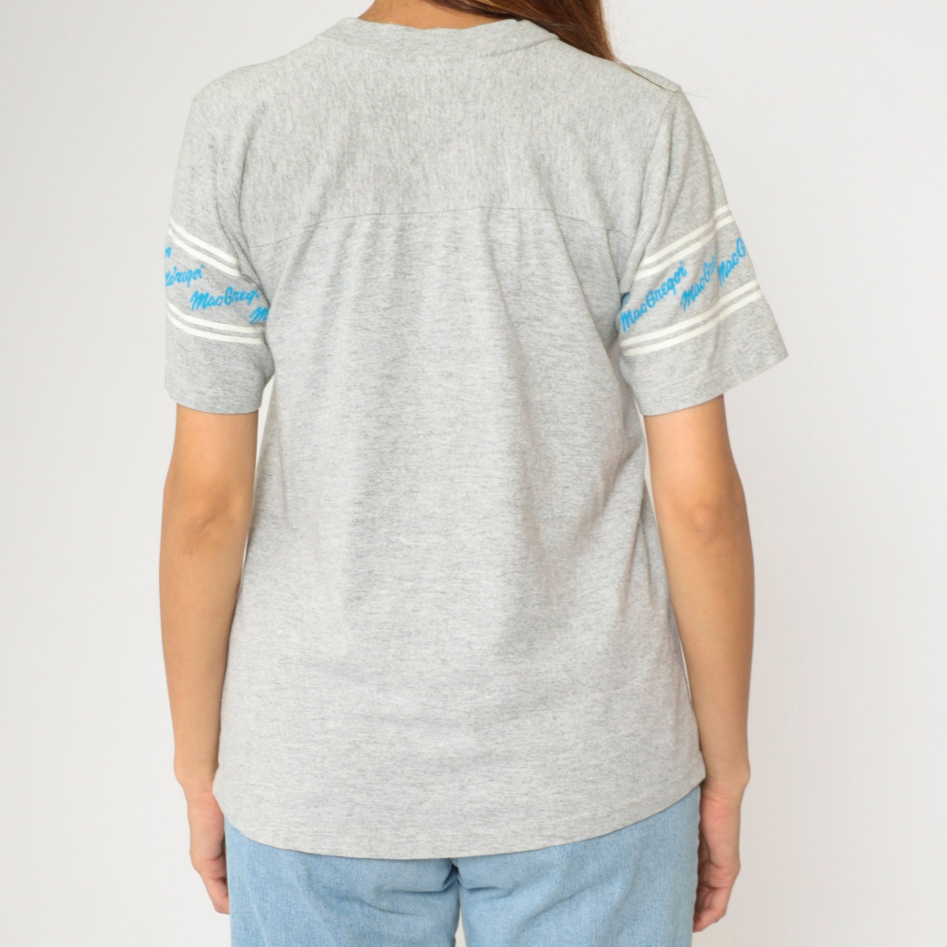 80s MacGregor V-Neck T-Shirt Grey Spellout Sleeve Tee Medium