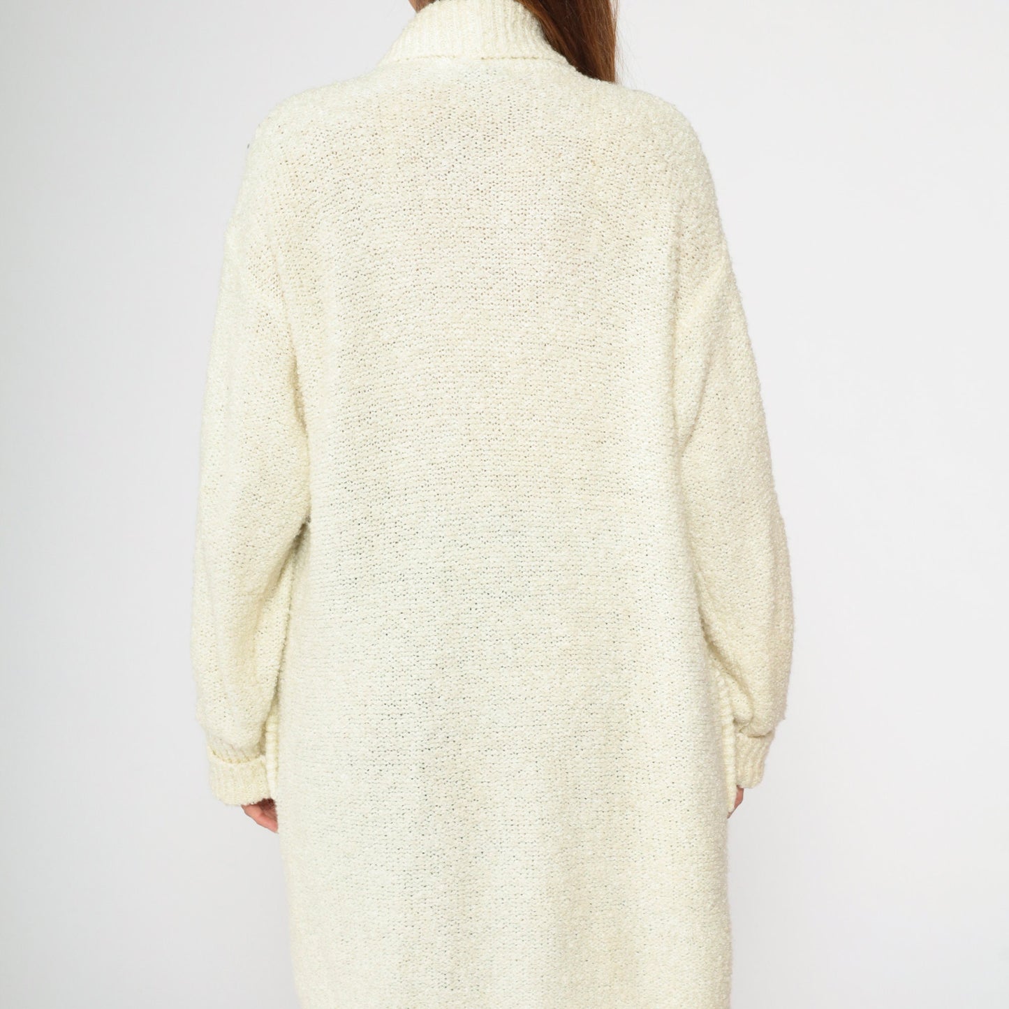 90s Cream Cardigan Open Front Longline Knit Sweater Medium