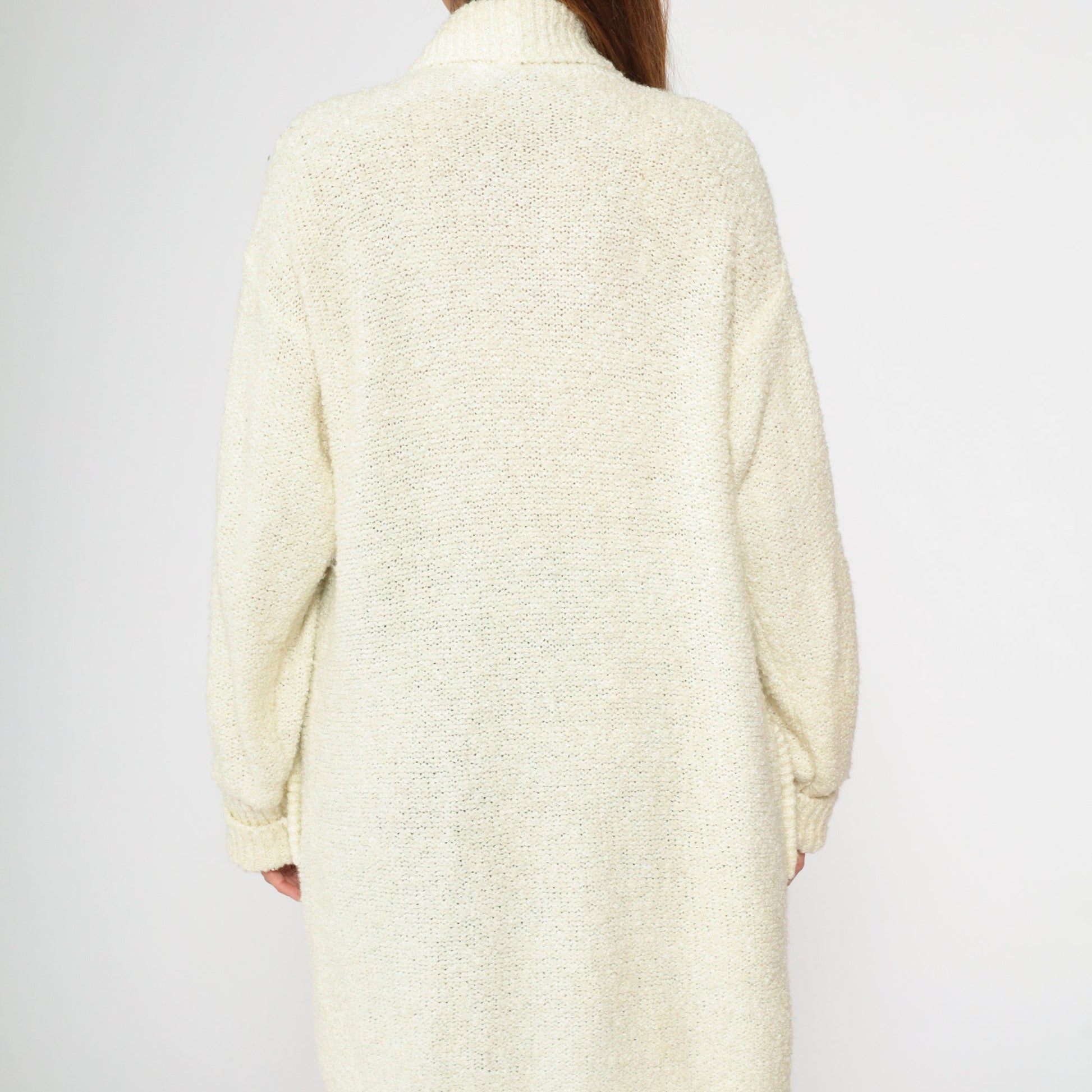 90s Cream Cardigan Open Front Longline Knit Sweater Medium
