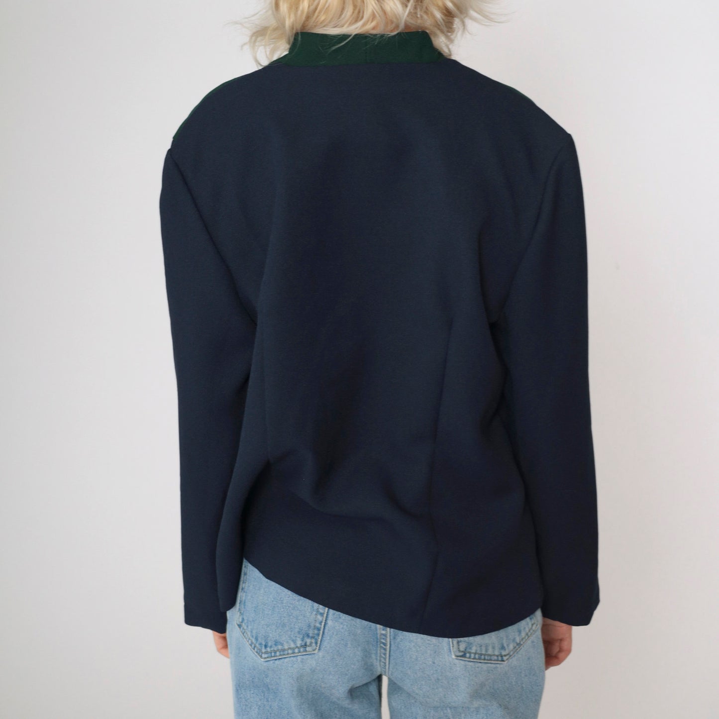 90s Pride & Joy Floral Embroidered Color Block Blouse Green Navy Large Petite