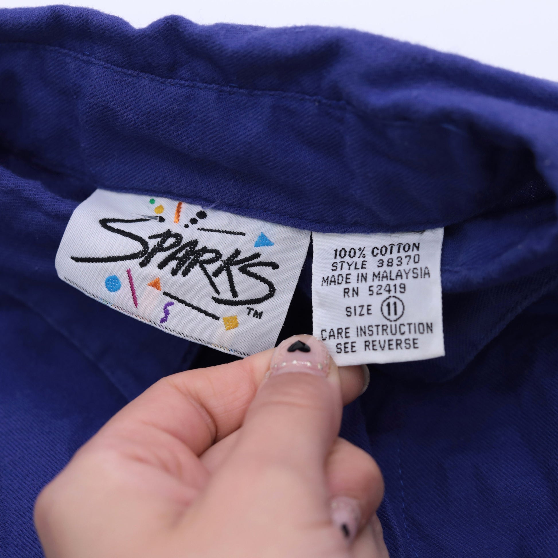 90s Blue Collared Blouse Cotton Button-Up Long Sleeve Chest Pocket Large