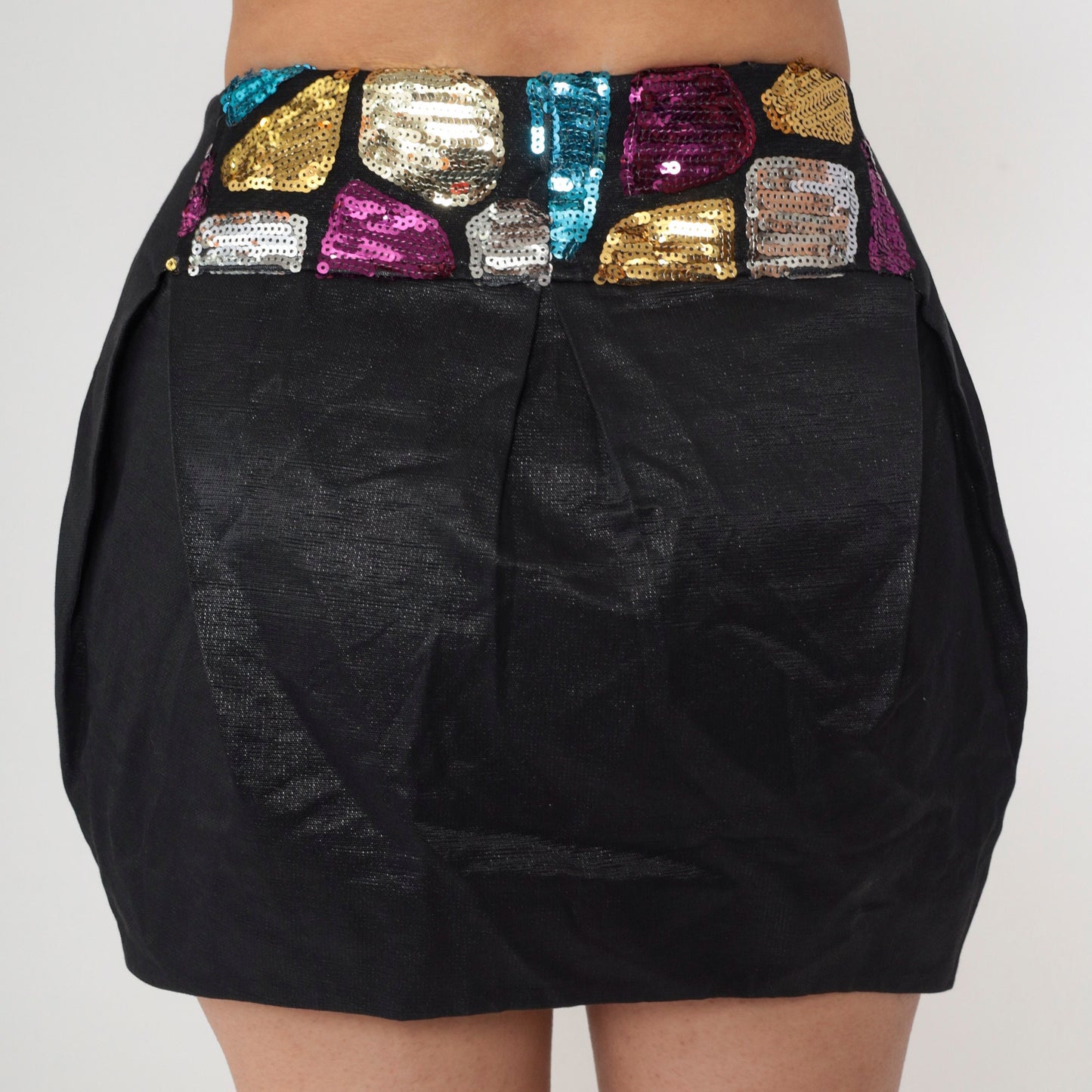 90s Black Sequin Mini Skirt High Waisted Pleated Bubble Skirt Small