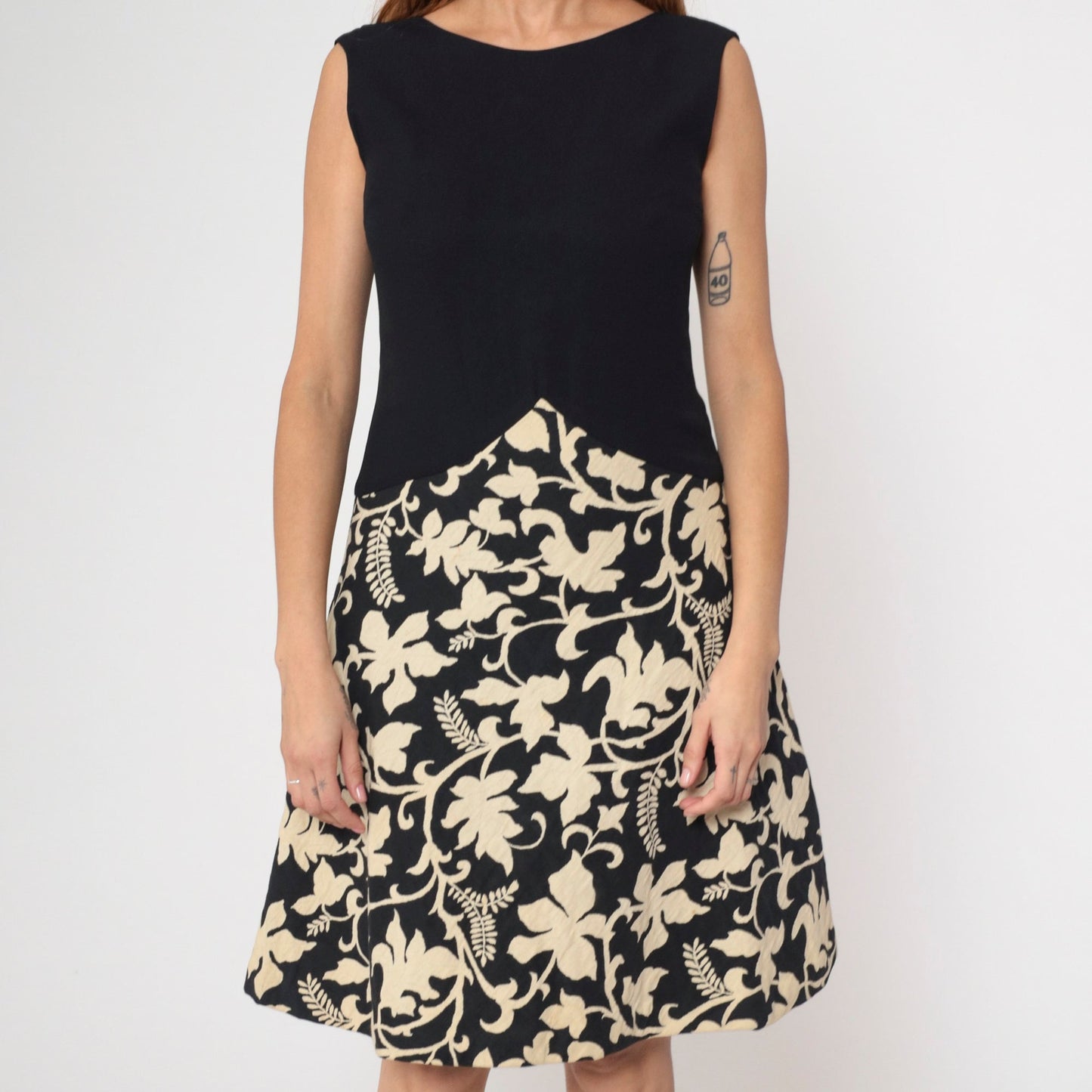 1960s Robinson's California Black Cream Floral Fit and Flare Dress V-Back Medium