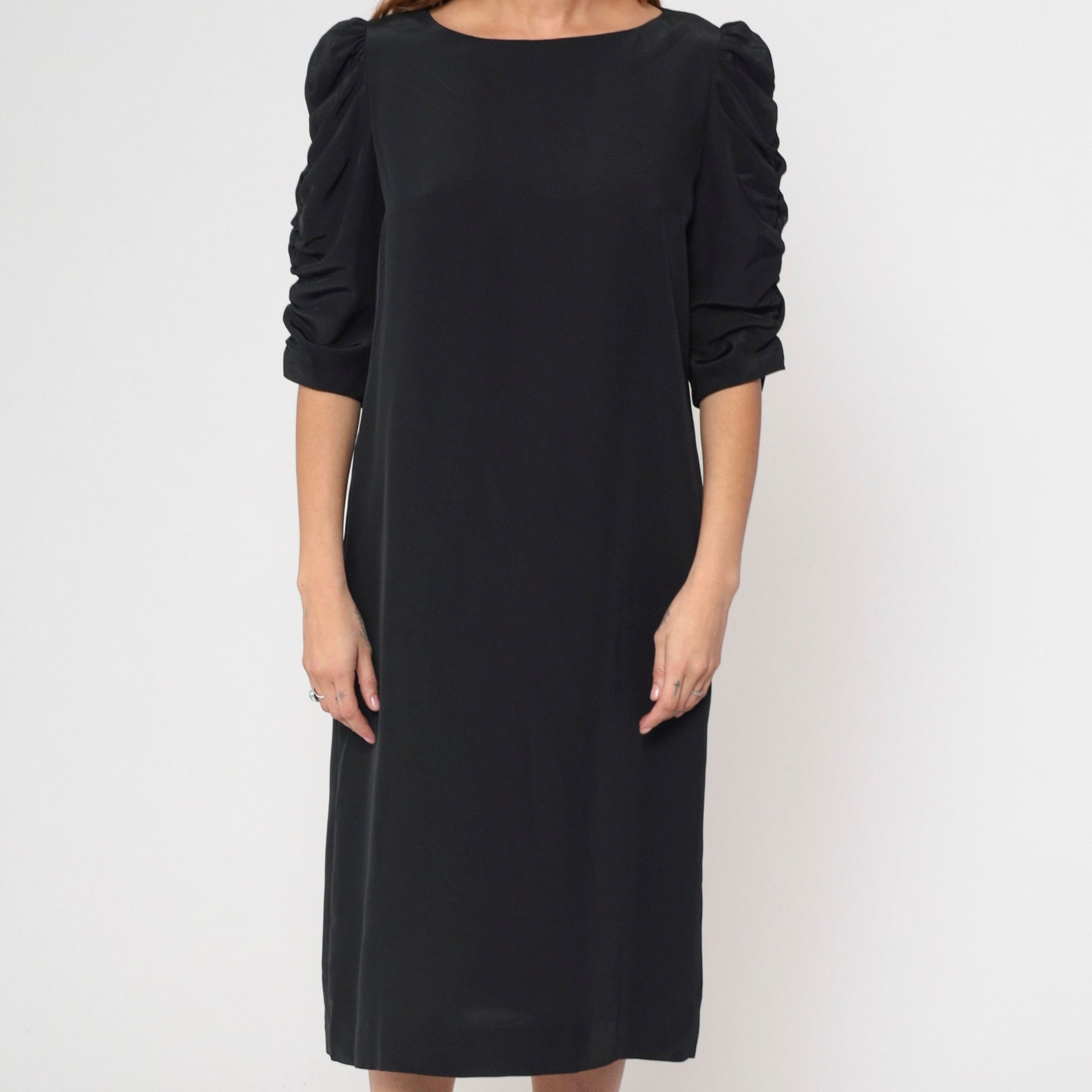 80s Black Puff Sleeve Shift Dress Midi Ruched Boatneck Medium