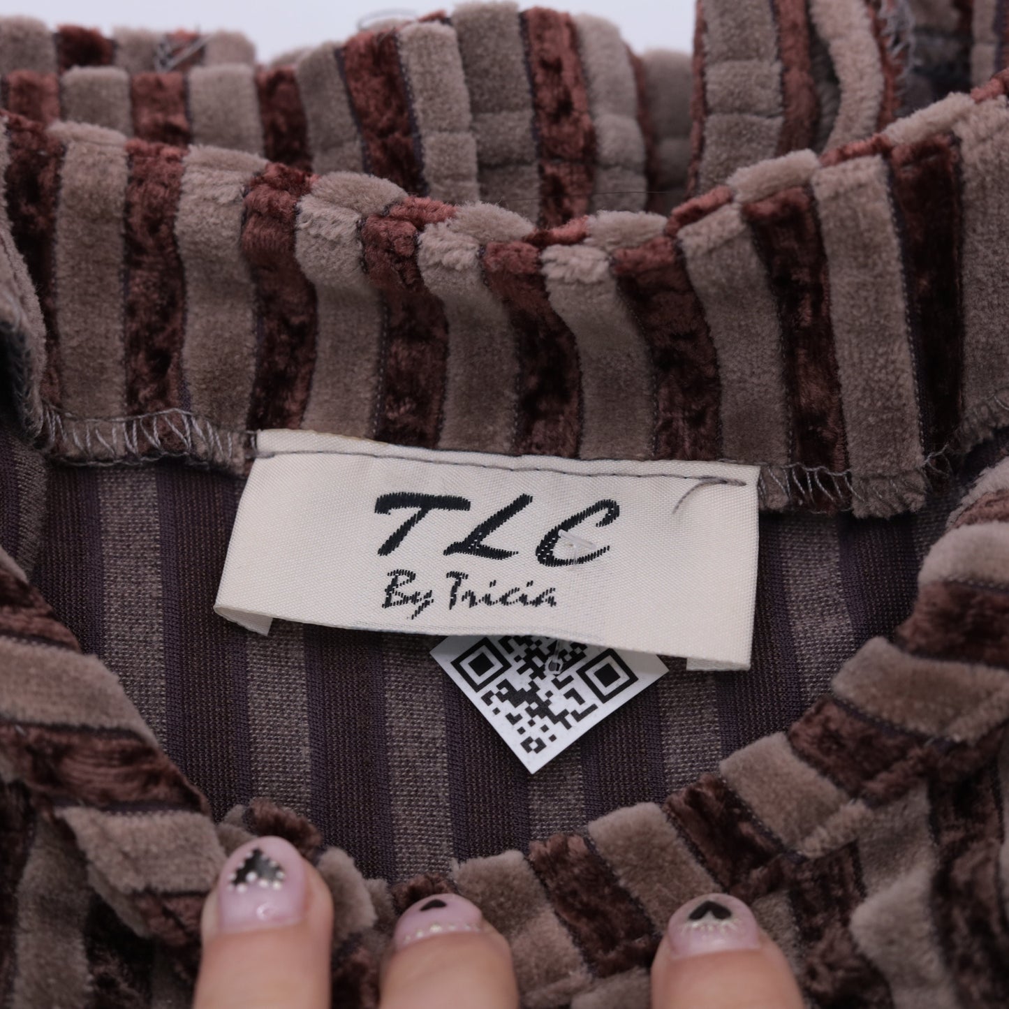90s Brown Striped Velour Blouse Scoop Neck Long Sleeve Small