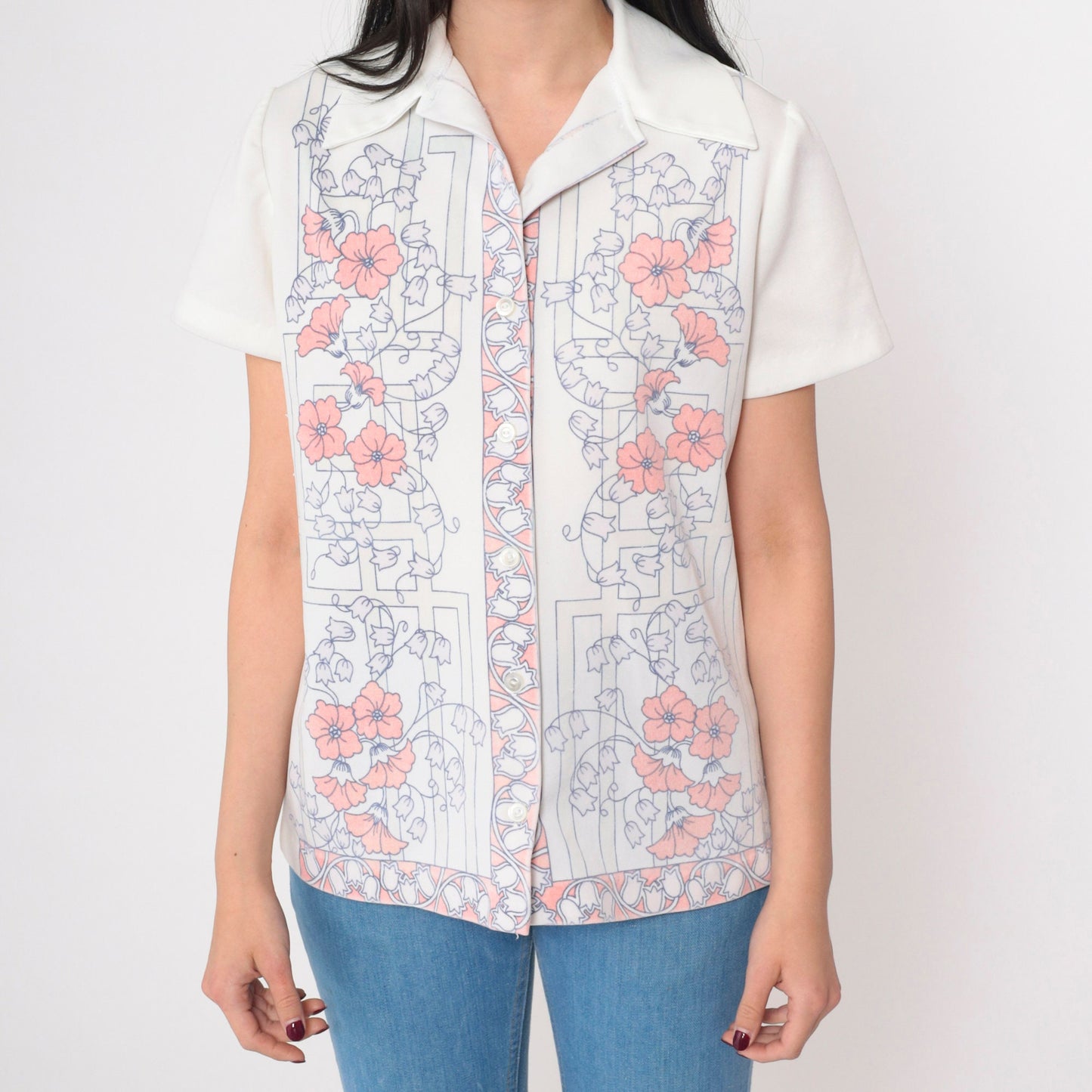 70s Floral Button-Up Blouse White Dagger Collar Short Sleeve Medium