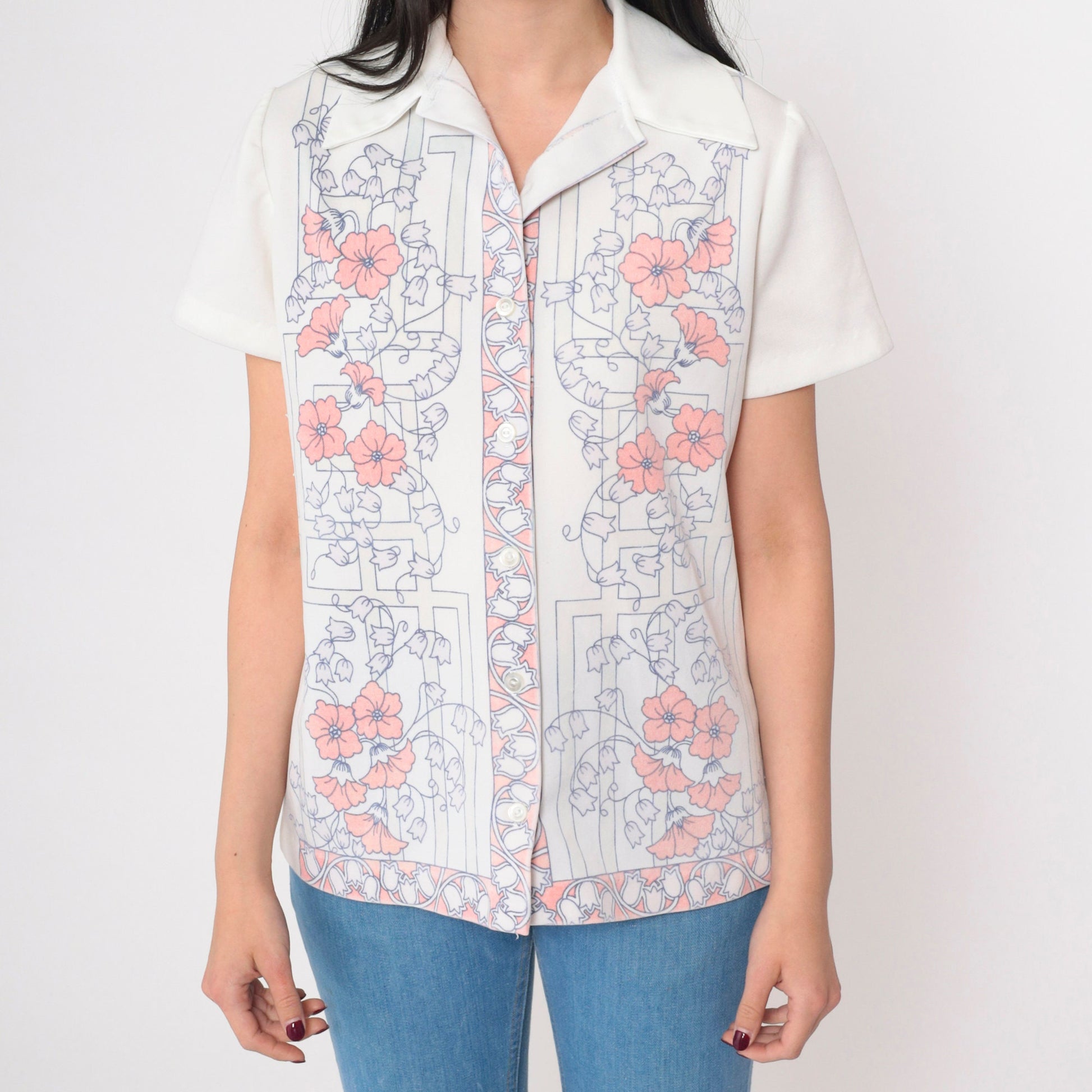 70s Floral Button-Up Blouse White Dagger Collar Short Sleeve Medium