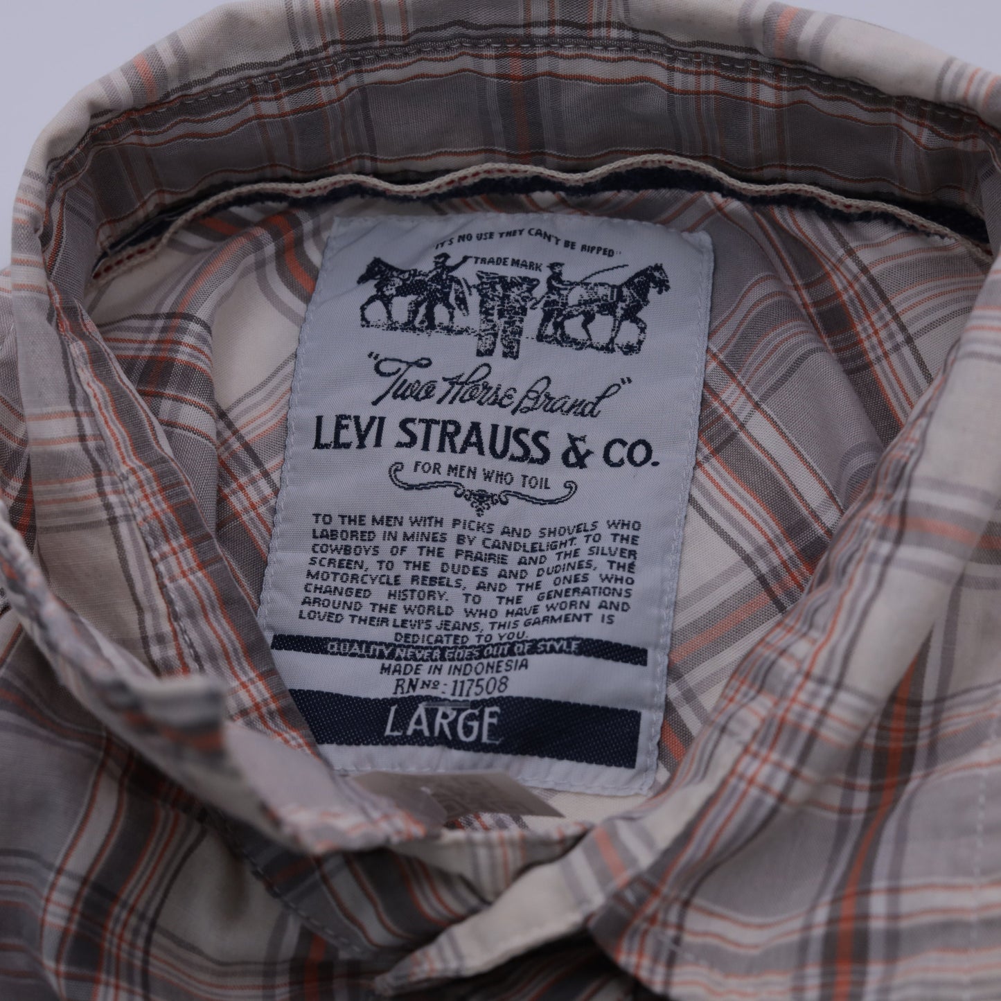 Y2K Levi's Plaid Button-Up Shirt Grey Orange Off-White Tartan Roll Tab Sleeve Large