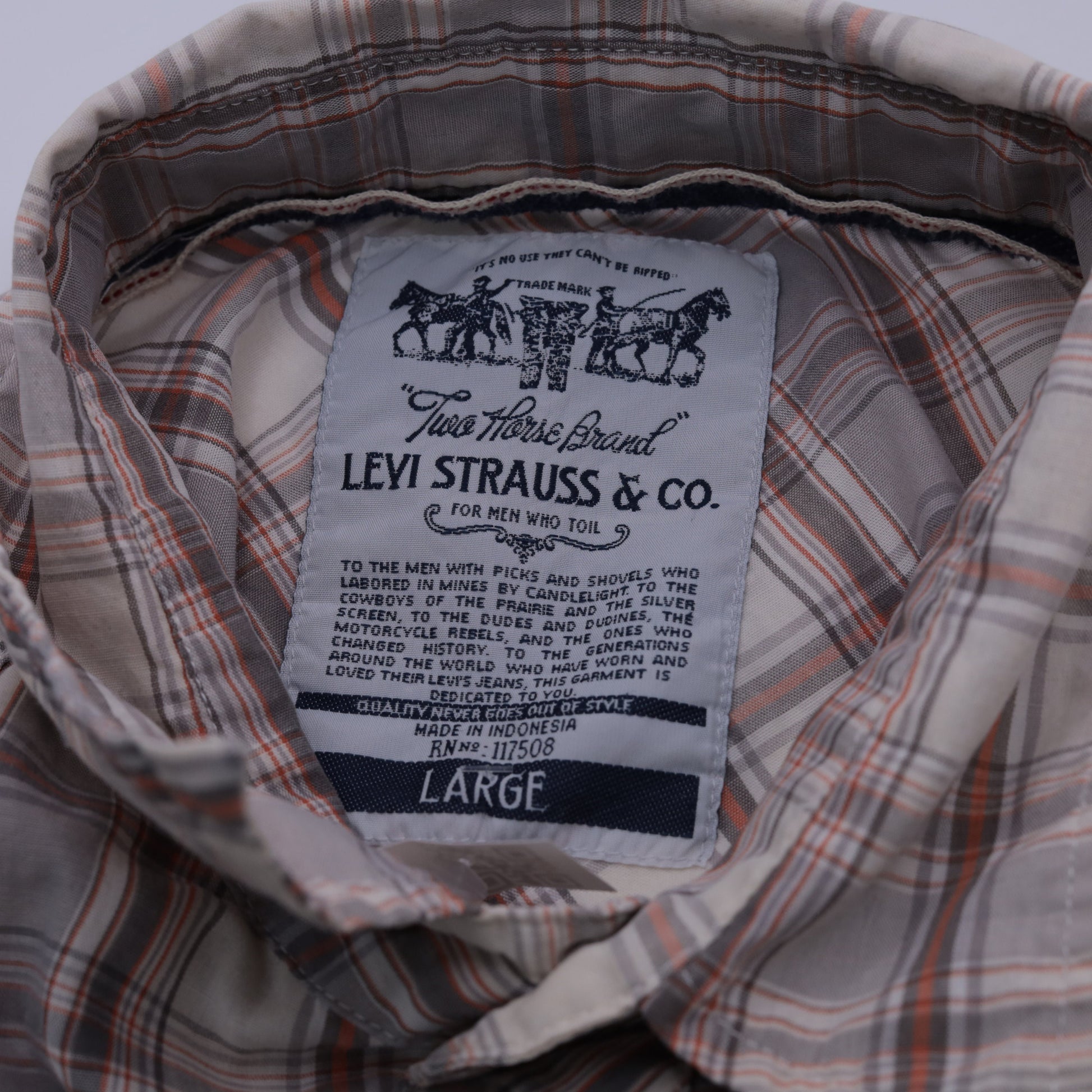 Y2K Levi's Plaid Button-Up Shirt Grey Orange Off-White Tartan Roll Tab Sleeve Large
