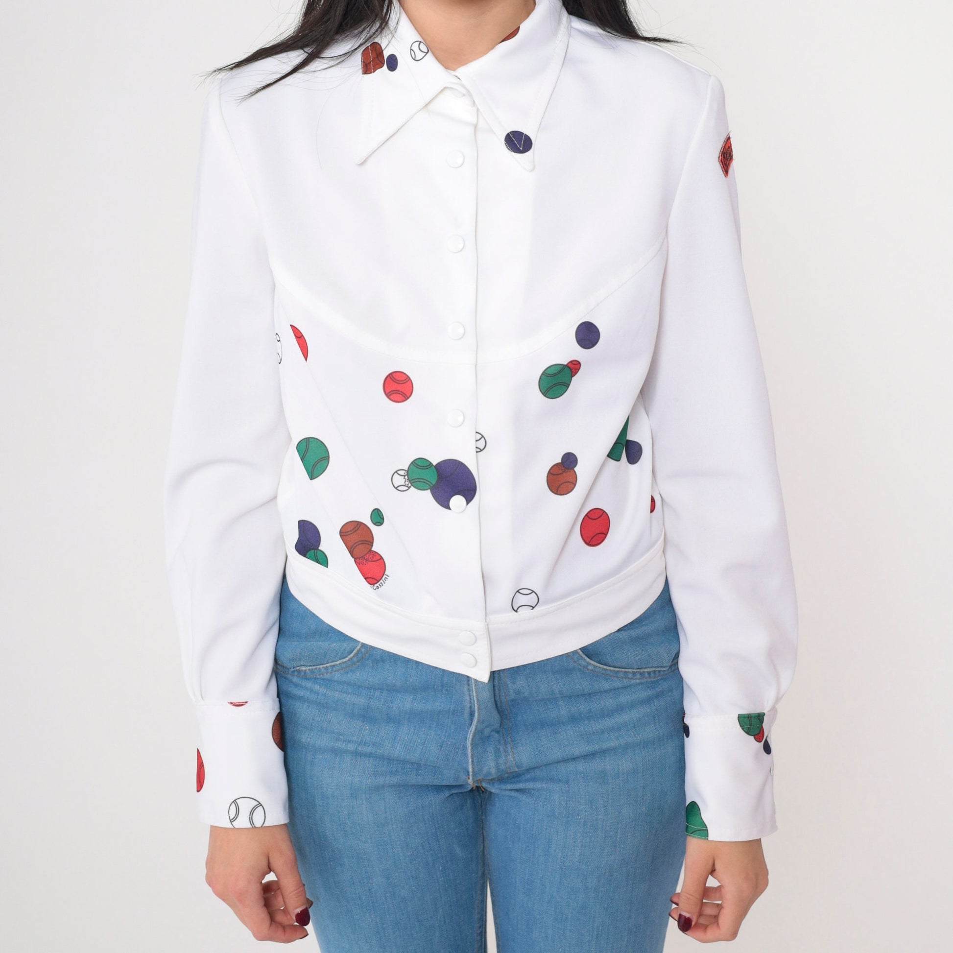 70s Oleg Cassini Tennis Ball Print Blouse White Dagger Collar Medium