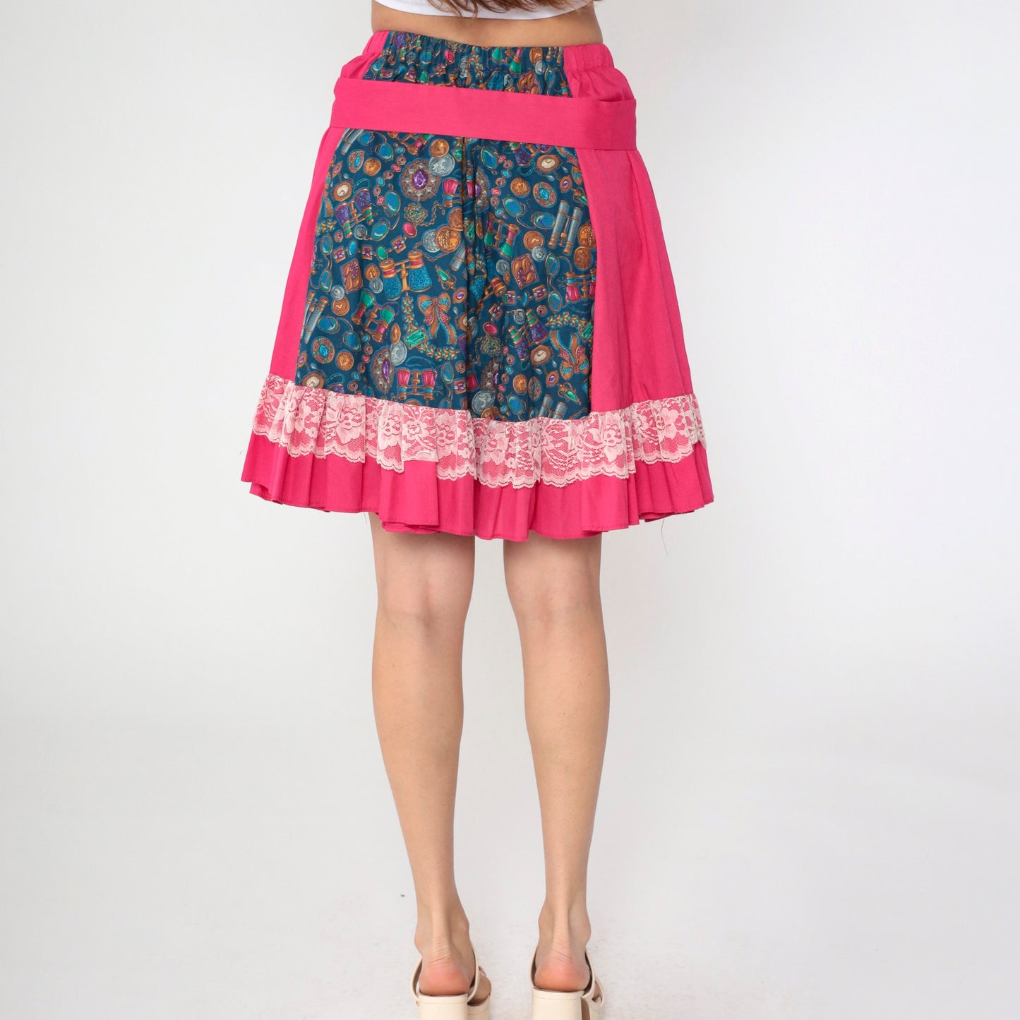 80s Patchwork Midi Skirt Pink Blue Binocular Print High-Waisted Lace Trim Medium