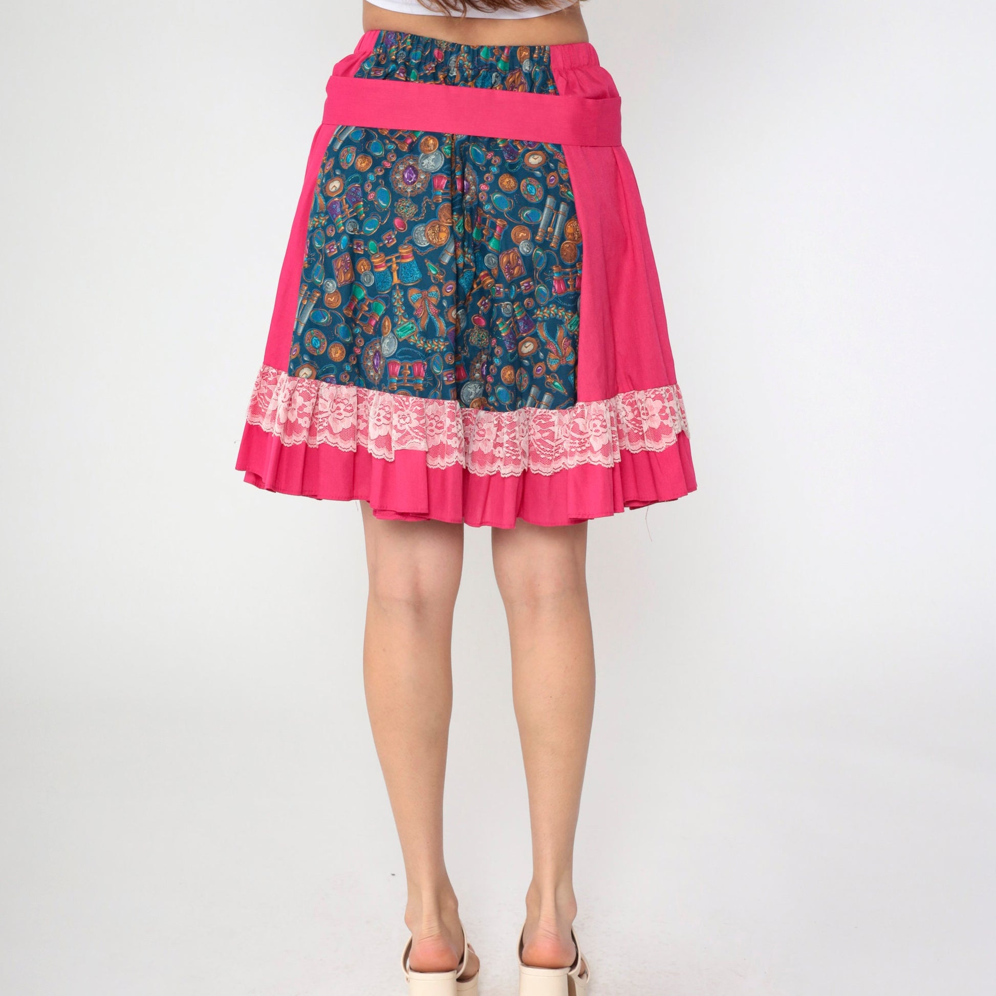 80s Patchwork Midi Skirt Pink Blue Binocular Print High-Waisted Lace Trim Medium