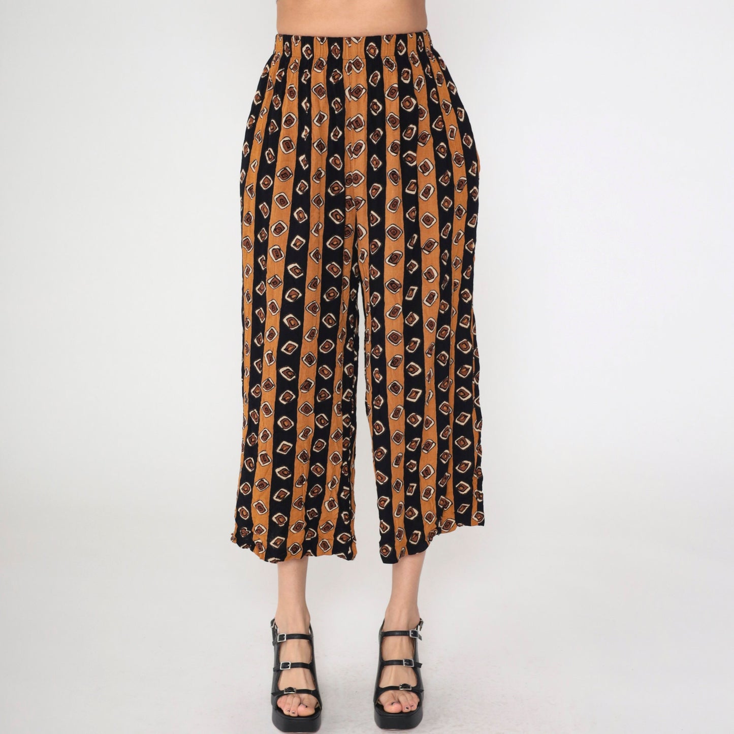 90s Geometric Striped Rayon Capri Pants Burnt Orange Black Elastic Waist XS
