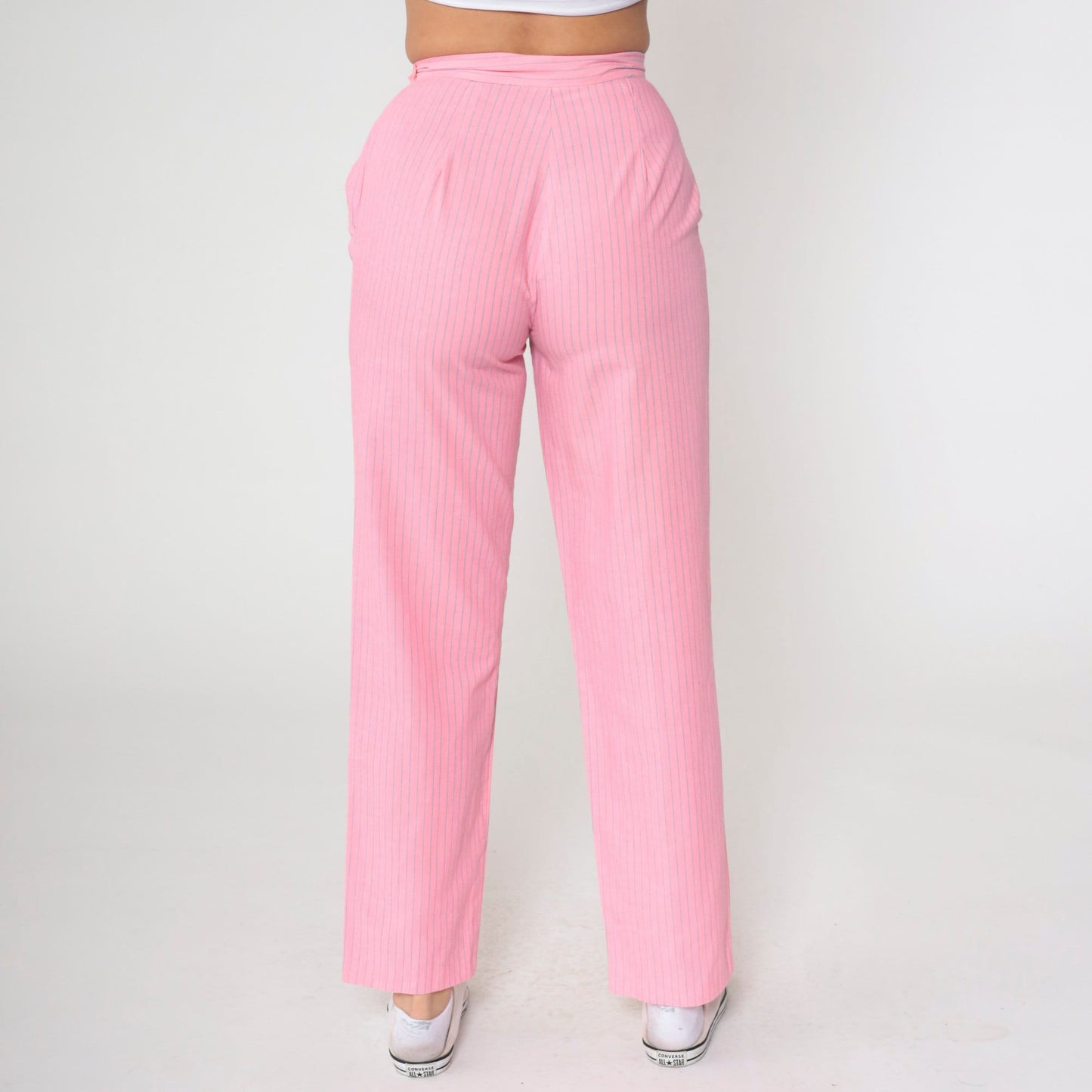 80s Pink Pinstripe High-Rise Pleated Trousers Straight Leg Small