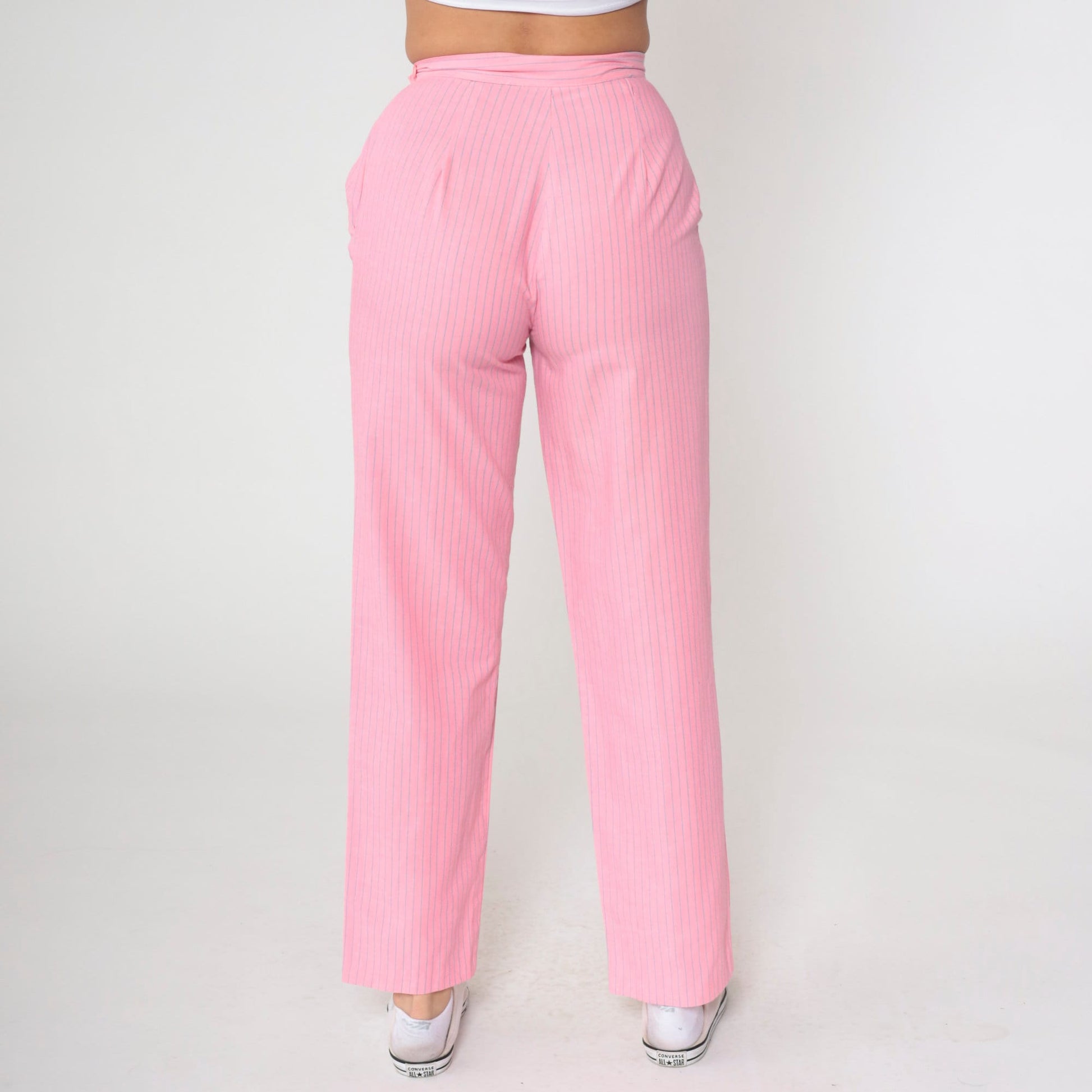 80s Pink Pinstripe High-Rise Pleated Trousers Straight Leg Small