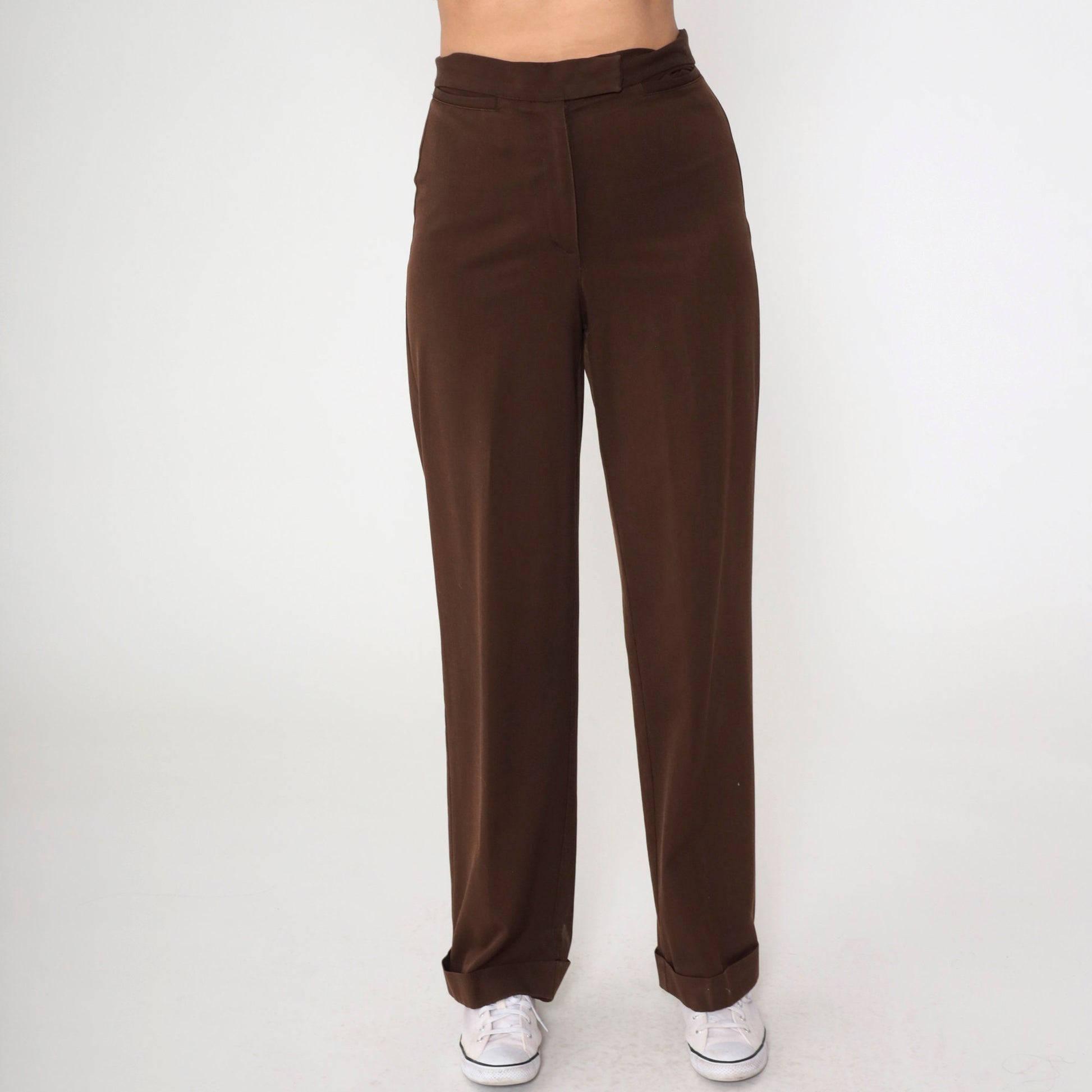 00s Liz Claiborne Brown High-Waisted Cuffed Straight Trousers Small 4