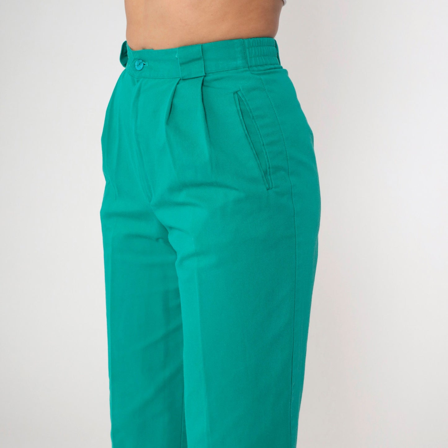 80s Green Pleated High-Rise Trousers Elastic Waist Tapered Small