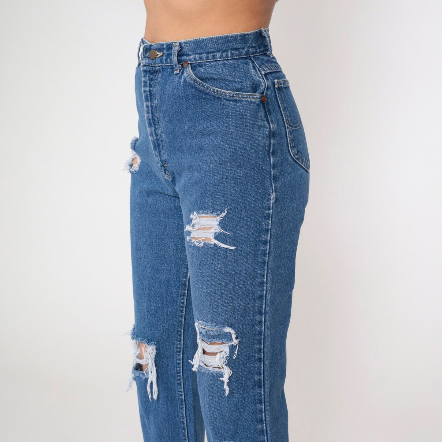 90s Lee High Rise Straight Leg Ripped Blue Denim Jeans Small 28