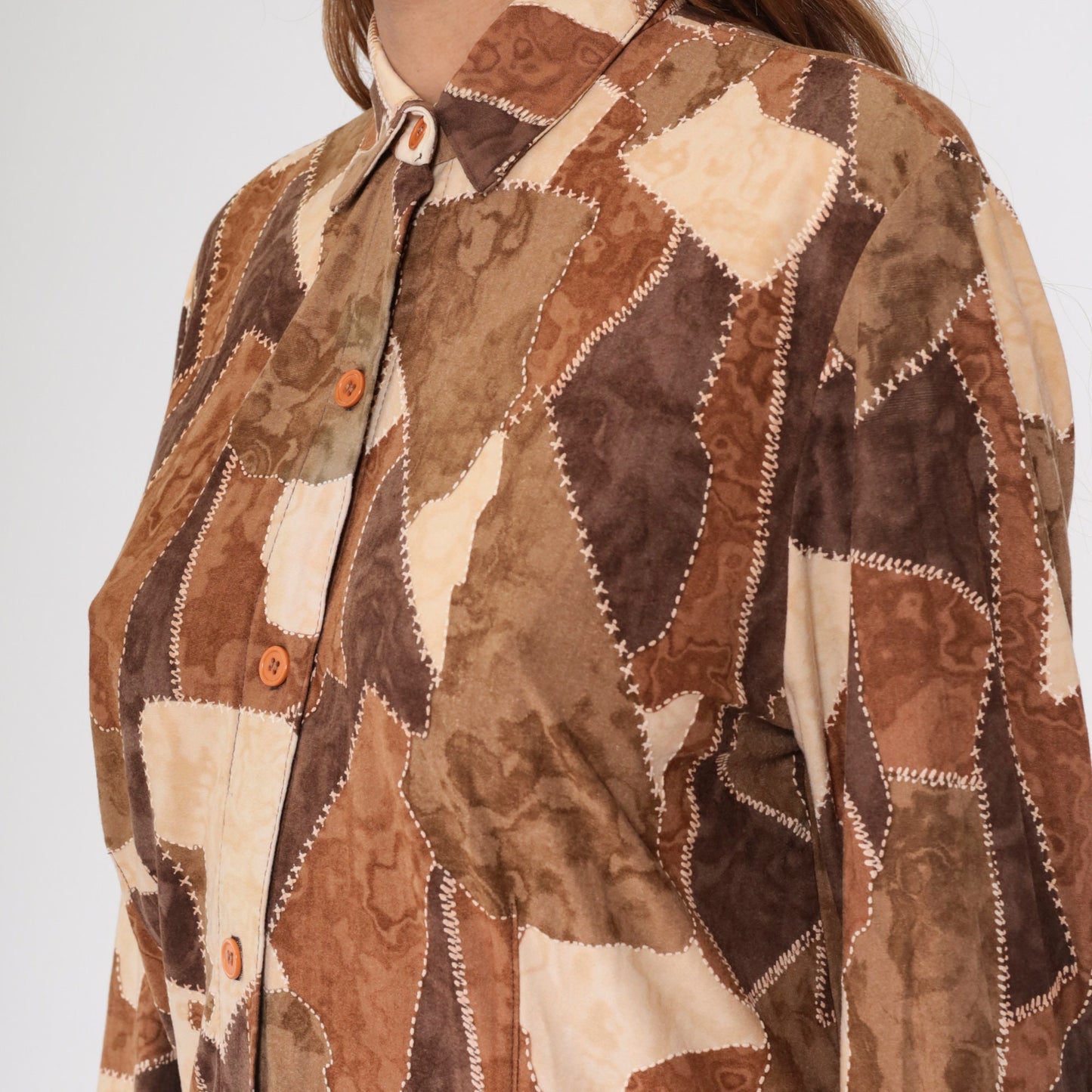 90s Brown Patchwork Button-Up Blouse Long Sleeve Collared Shirt Small S