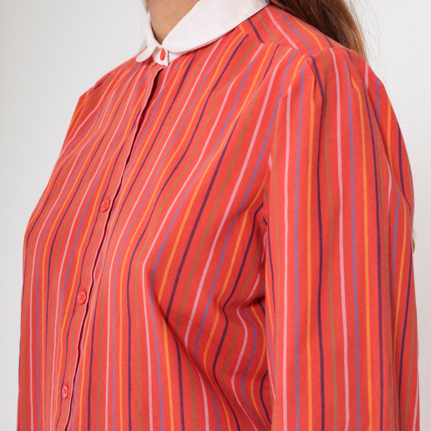 70s Red Striped Peter Pan Collar Blouse 3/4 Sleeve Button Up Medium