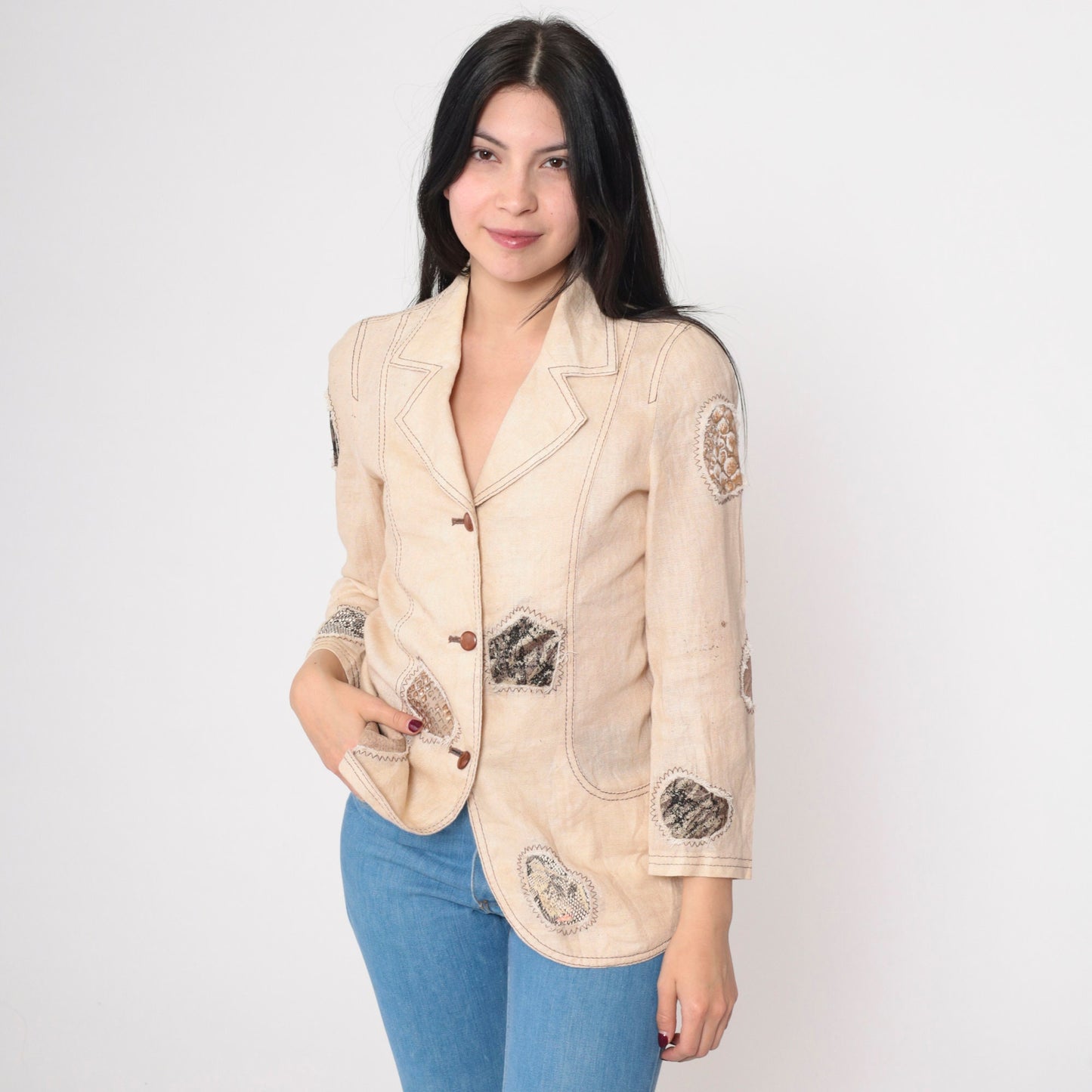 90s Patchwork Blazer Beige Animal Print Patch Jacket Extra Small XS