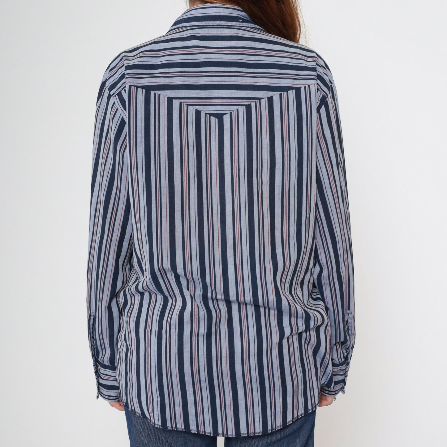 90s Wrangler Pearl Snap Western Shirt Striped Navy Red Long Sleeve Large