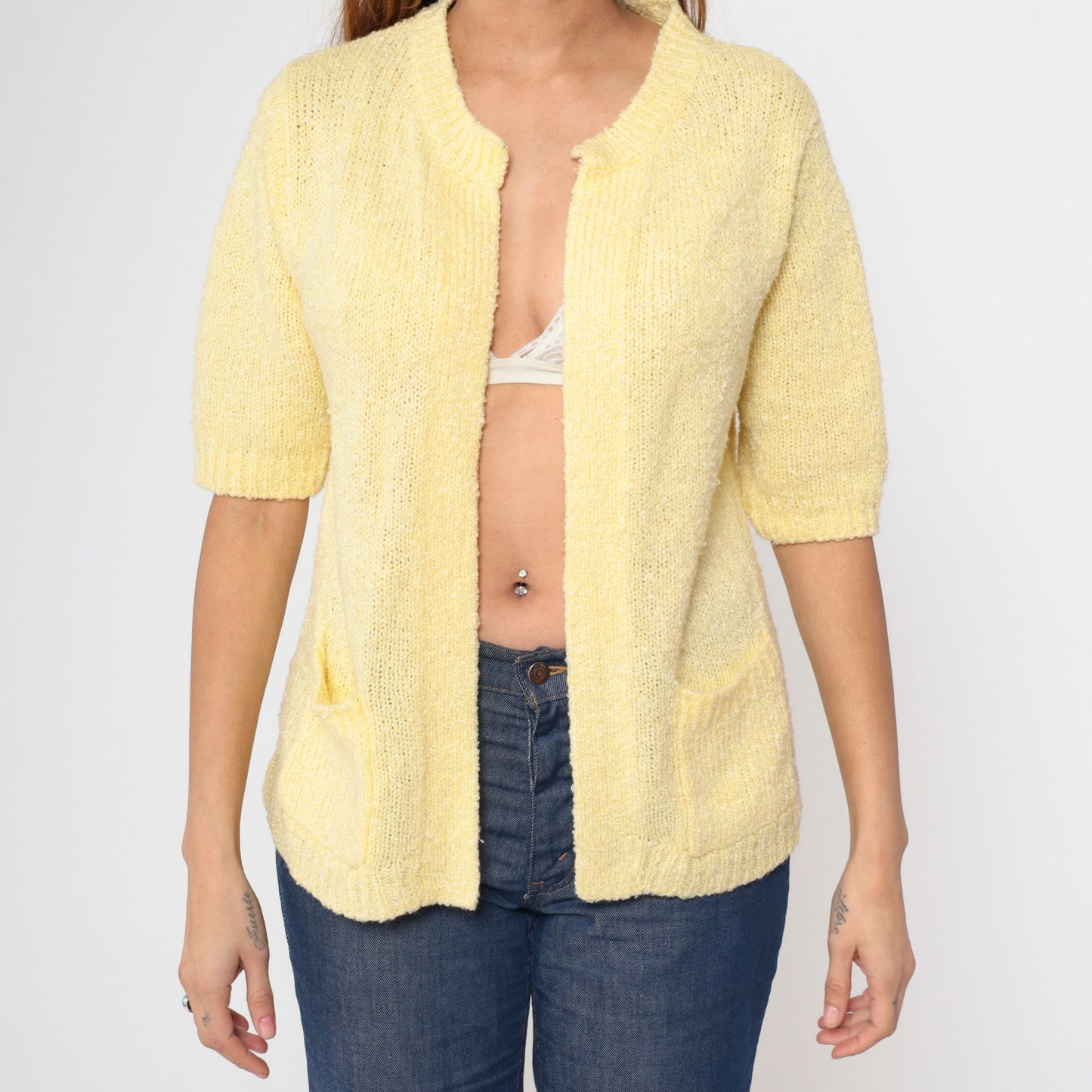 70s Le Chois Yellow Bouclé Cardigan Short Sleeve Open Front Knit Medium