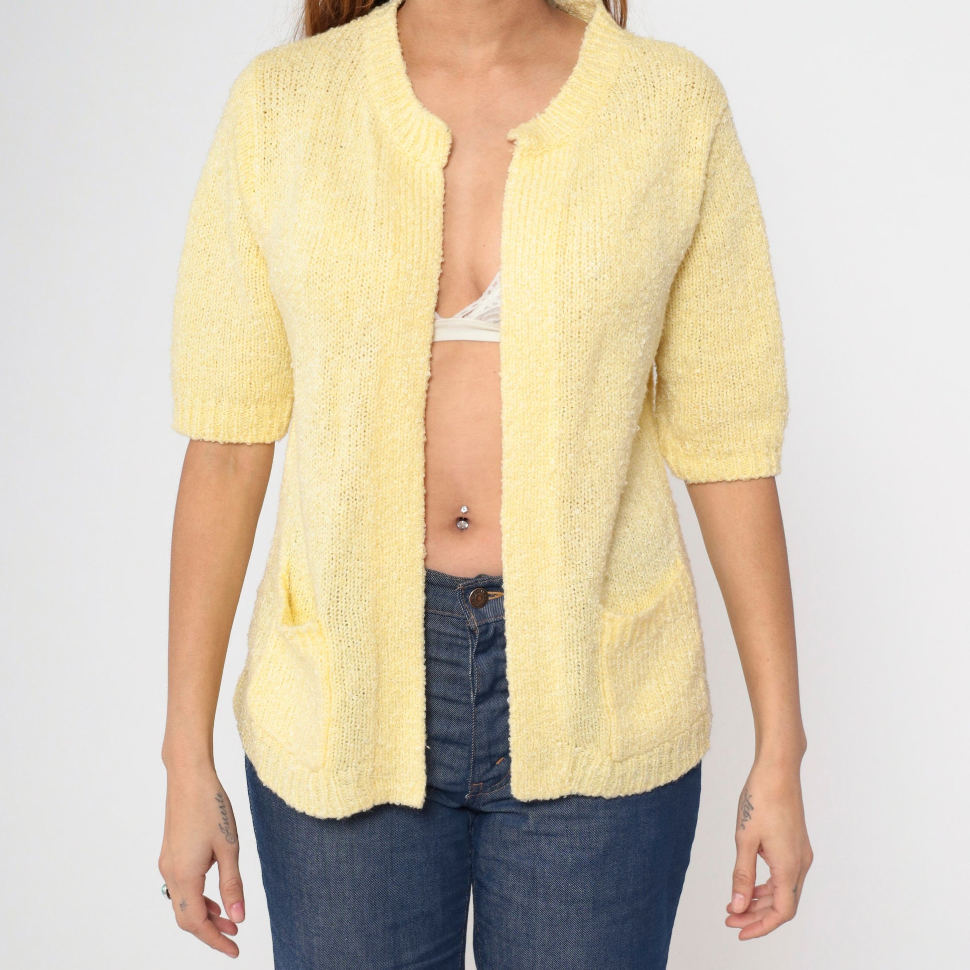 70s Le Chois Yellow Bouclé Cardigan Short Sleeve Open Front Knit Medium