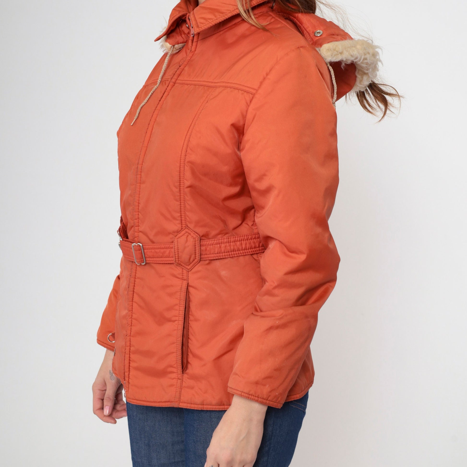 70s JC Penney Parka Jacket Burnt Orange Faux Fur Hood Zip Medium