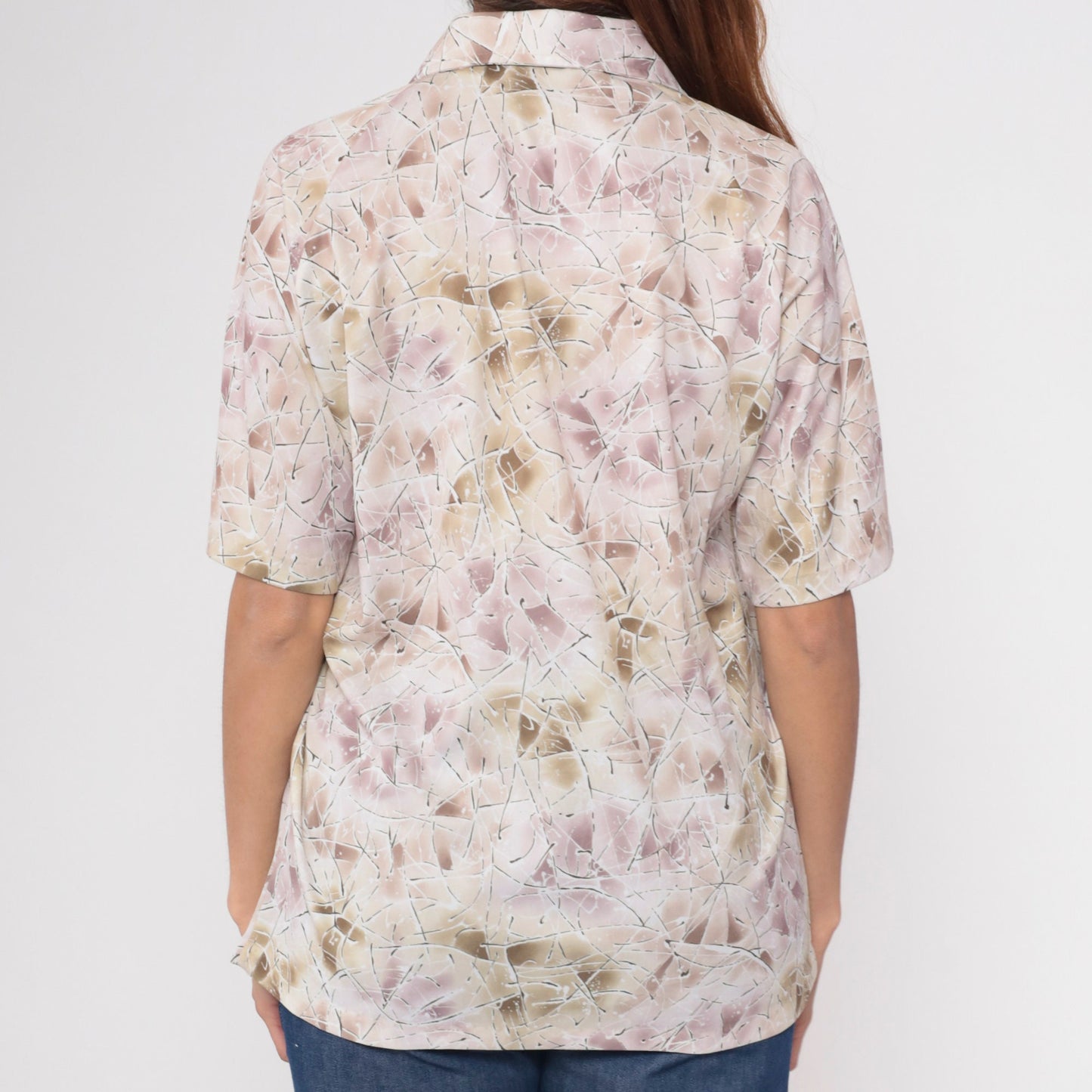 70s Lily Daché Abstract Geometric Print Button-Up Shirt Purple Brown Medium