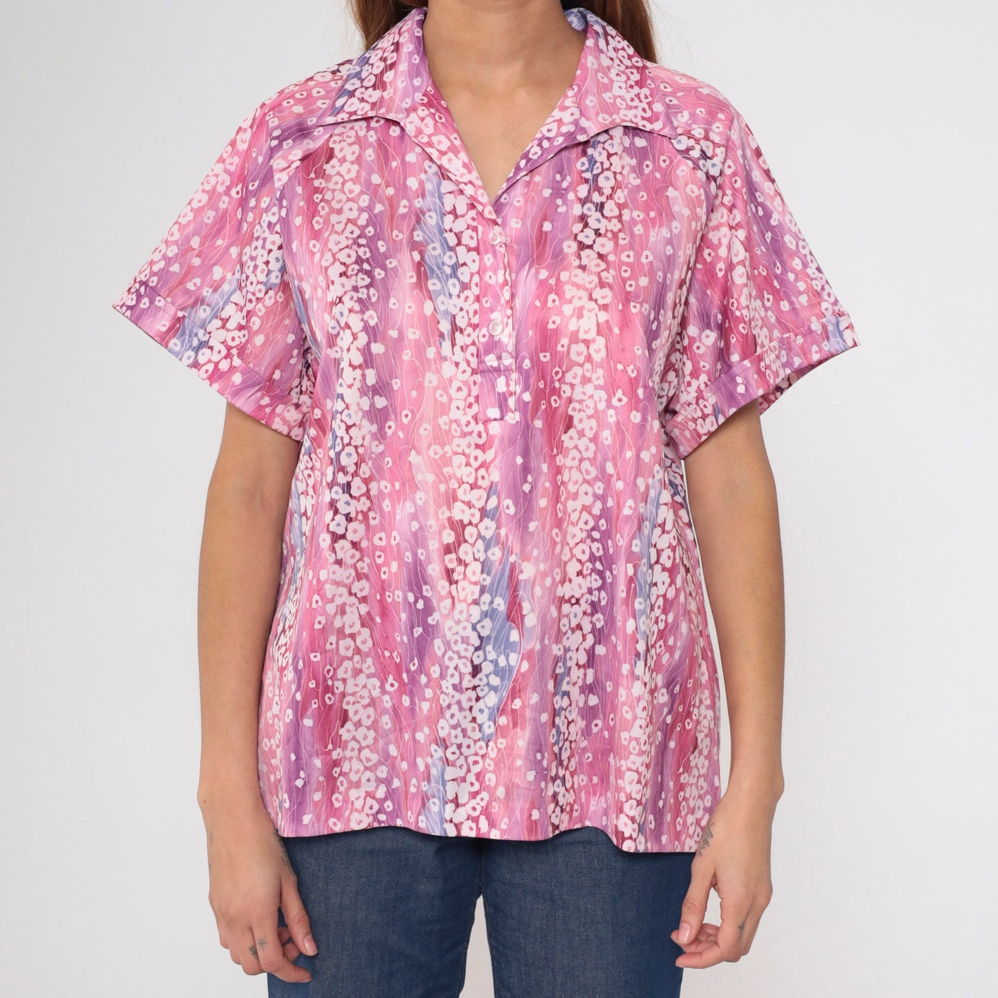 70s John Abbott Abstract Floral Blouse Pink Purple Dagger Collar Large