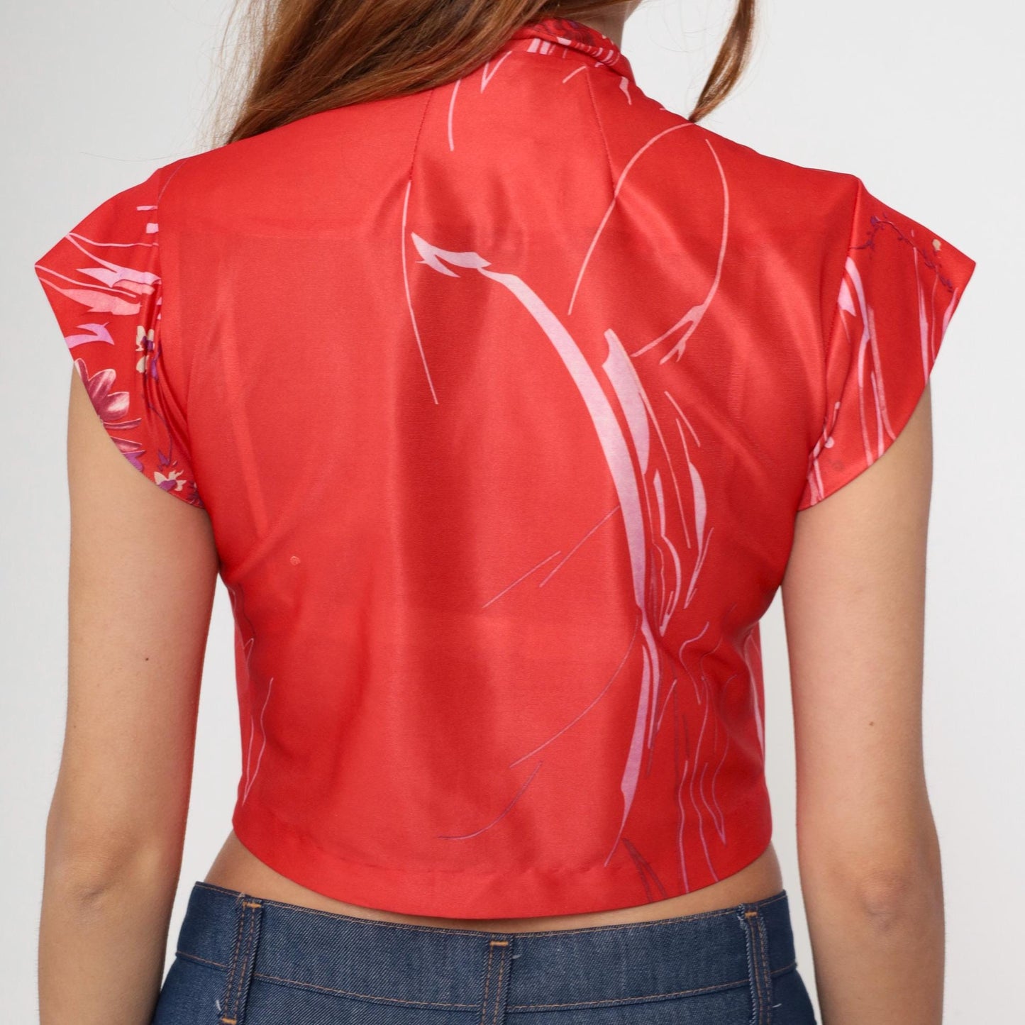 70s Red Floral Crop Top Mandarin Collar Pearl Button Shirt Small S