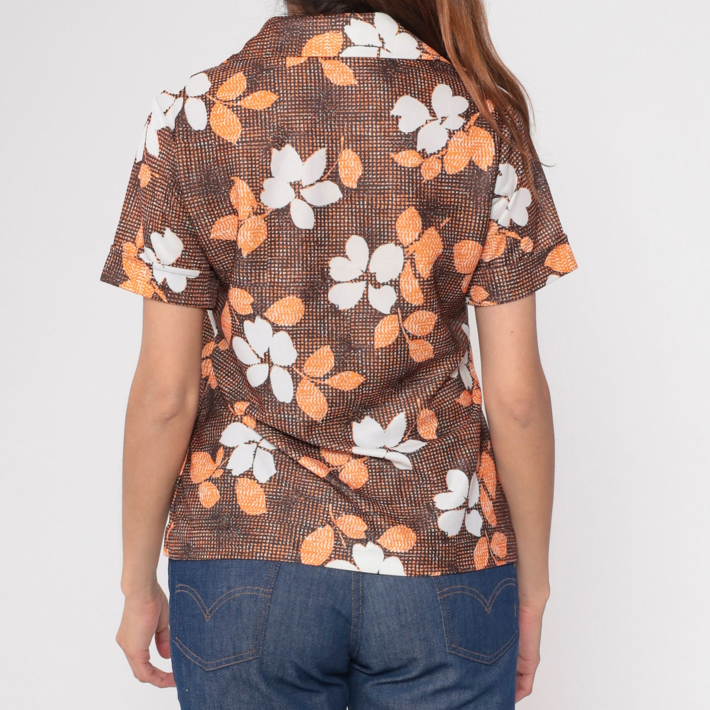 70s Floral Button Up Blouse Brown Orange White Short Sleeve Small Medium
