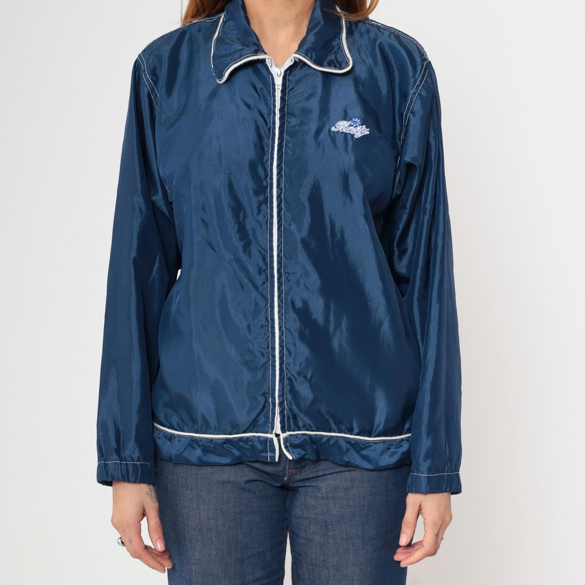 Y2K Rusty Windbreaker Jacket Navy Blue Zip Up Surfer Large L