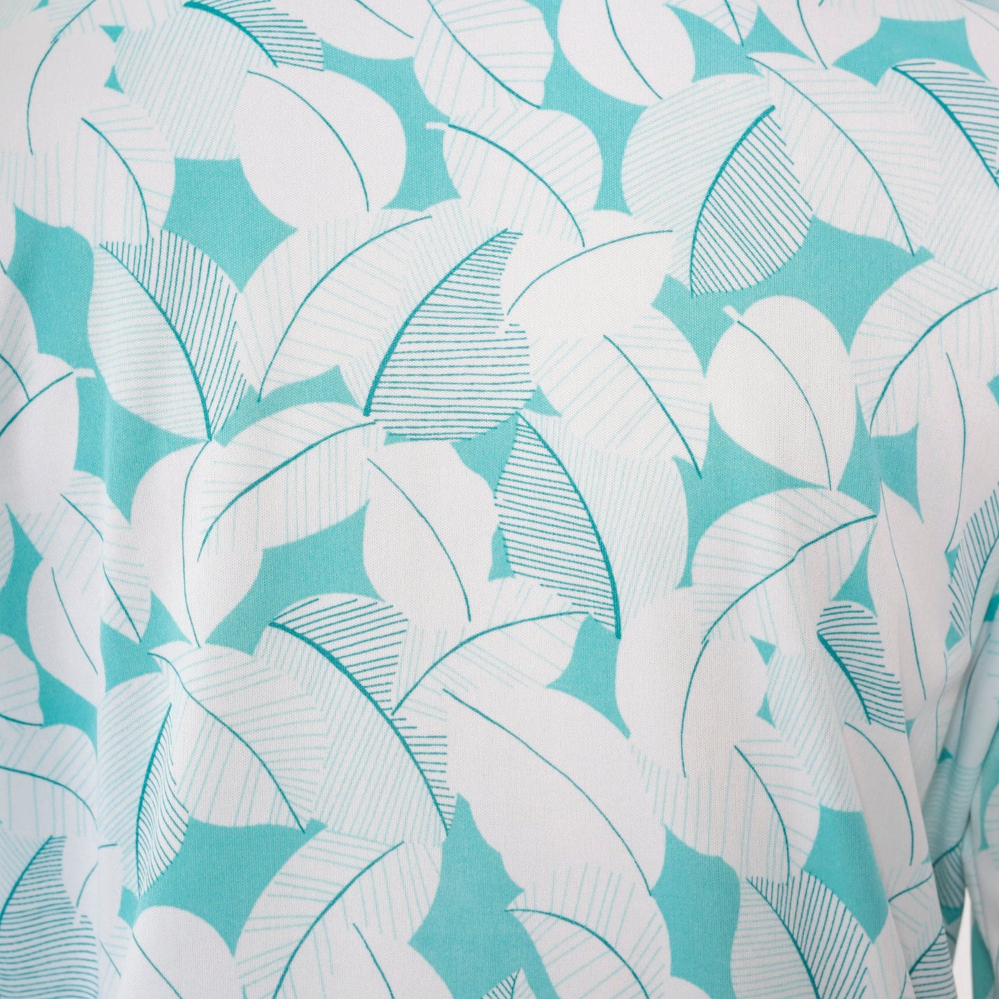 70s Leaf Print Ruffle Tuxedo Blouse Peter Pan Collar Long Sleeve White Blue Large