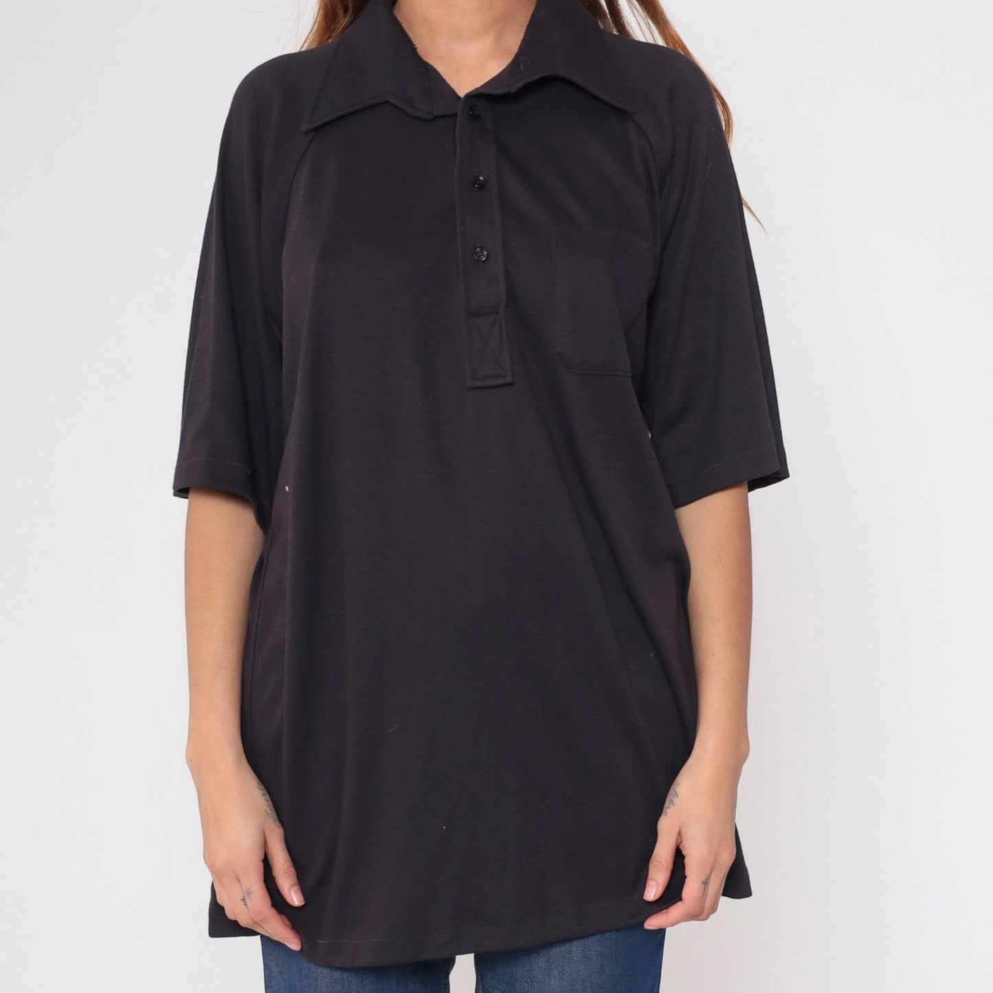 70s Don Loper Black Polo Shirt Raglan Sleeve Half Button Collared Plus Size XXL