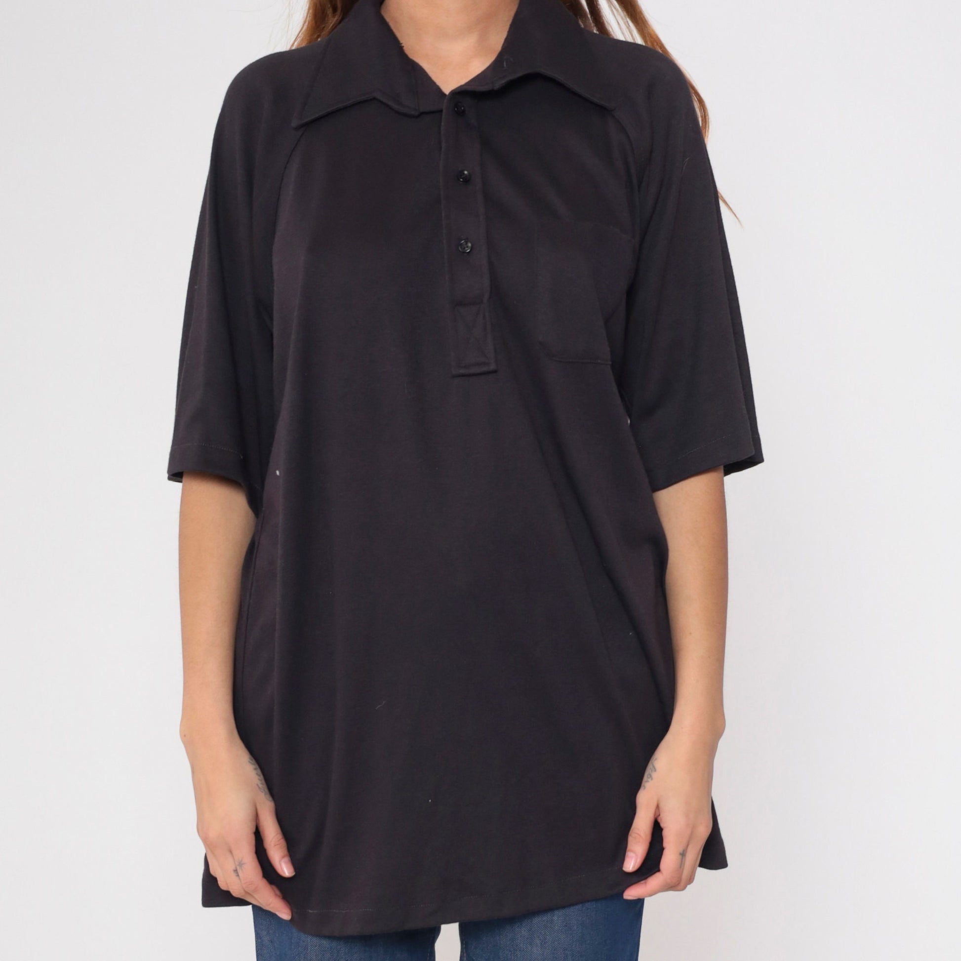 70s Don Loper Black Polo Shirt Raglan Sleeve Half Button Collared Plus Size XXL
