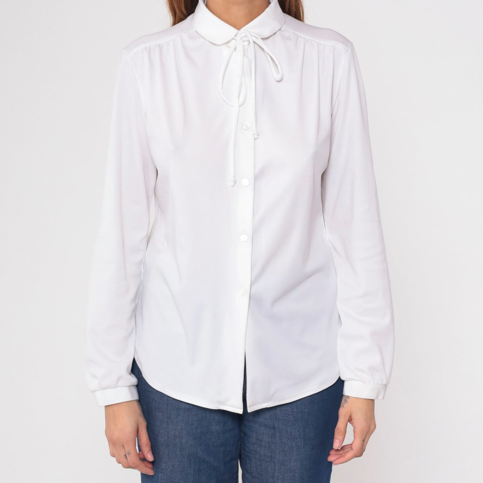 70s White Necktie Blouse Button-Up Long Sleeve Ascot Shirt Medium Large