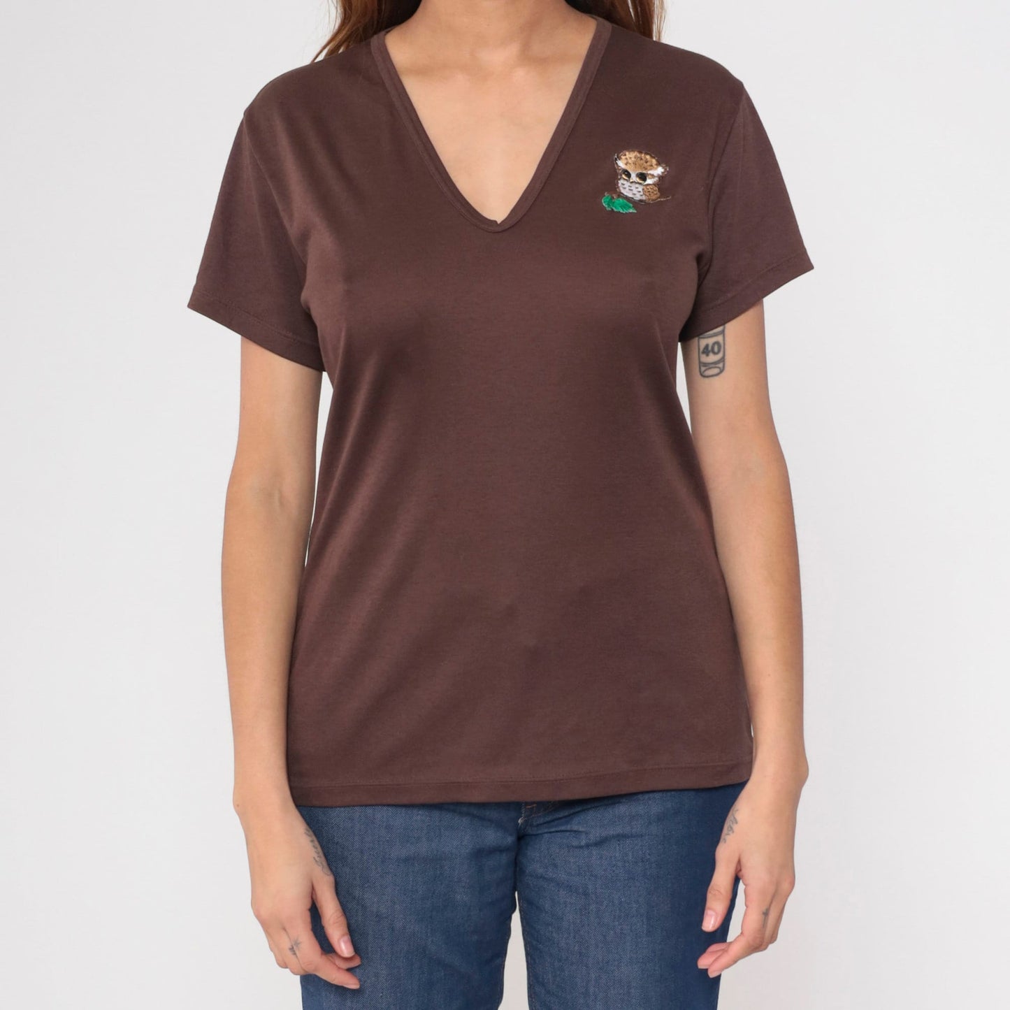 70s Owl Patch Brown V-Neck T-Shirt Cotton Graphic Tee Medium Large