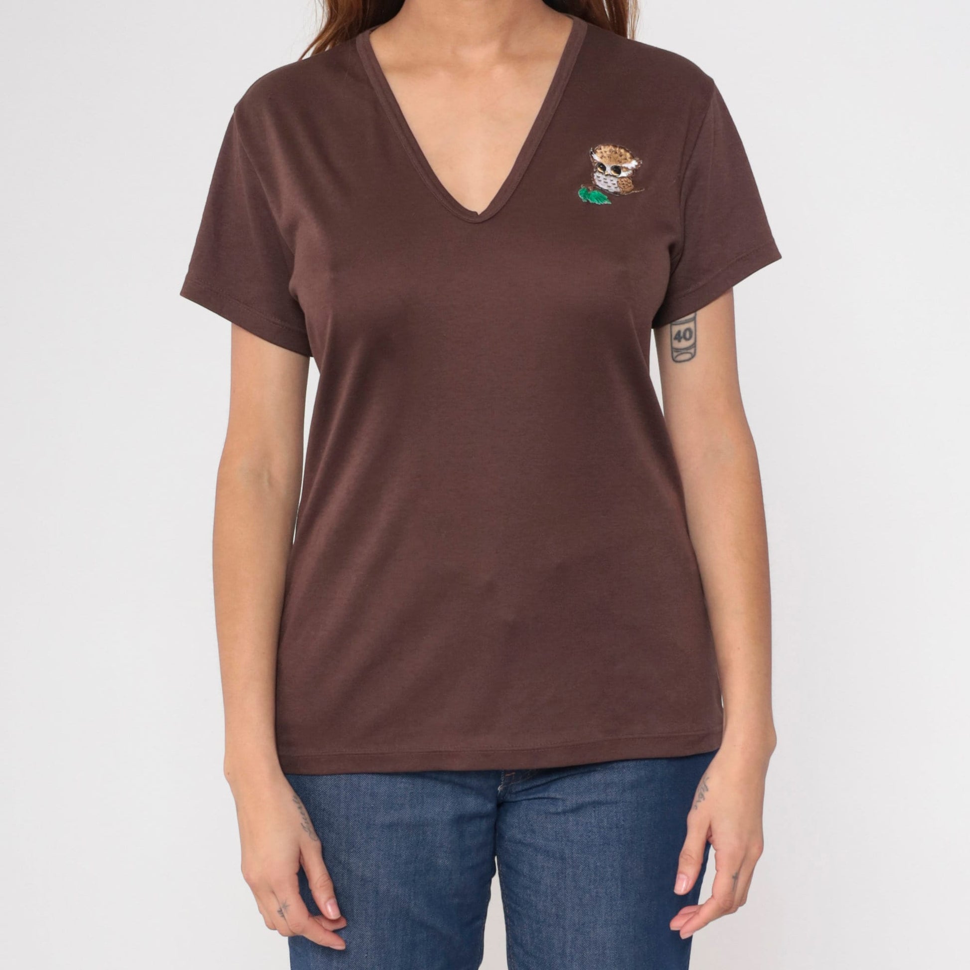 70s Owl Patch Brown V-Neck T-Shirt Cotton Graphic Tee Medium Large