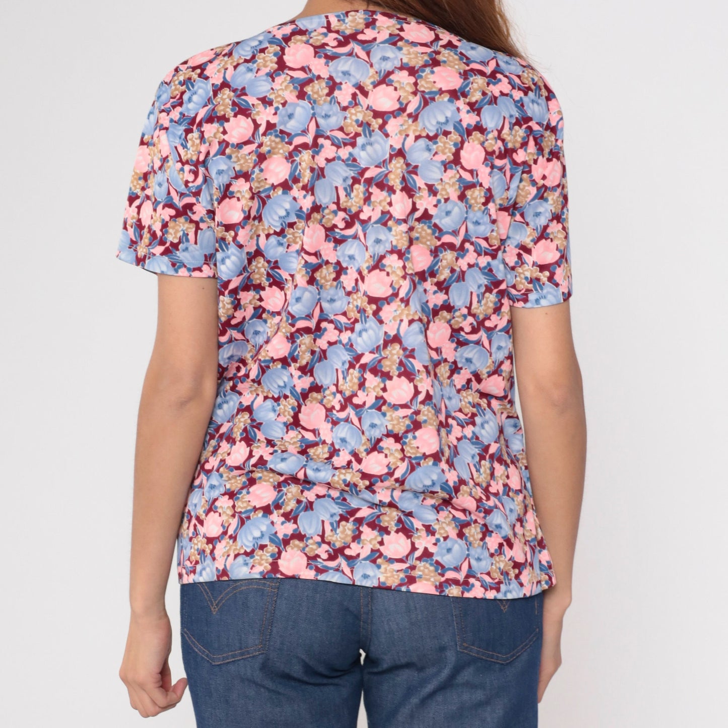 70s Floral Print Blouse Pink Blue Burgundy Short Sleeve Top Large