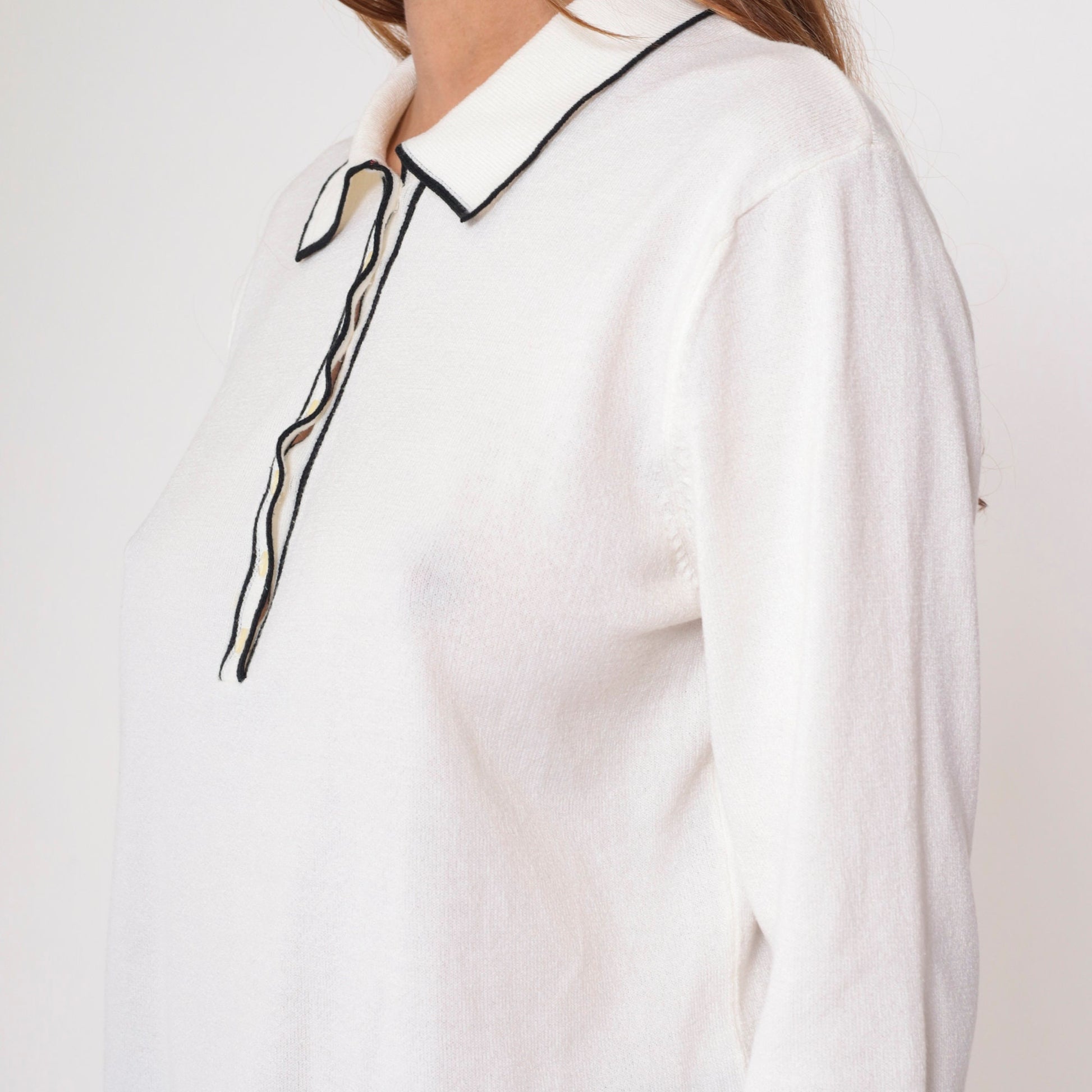 90s White Polo Sweater Black Trim Collared Knit Pullover Medium M
