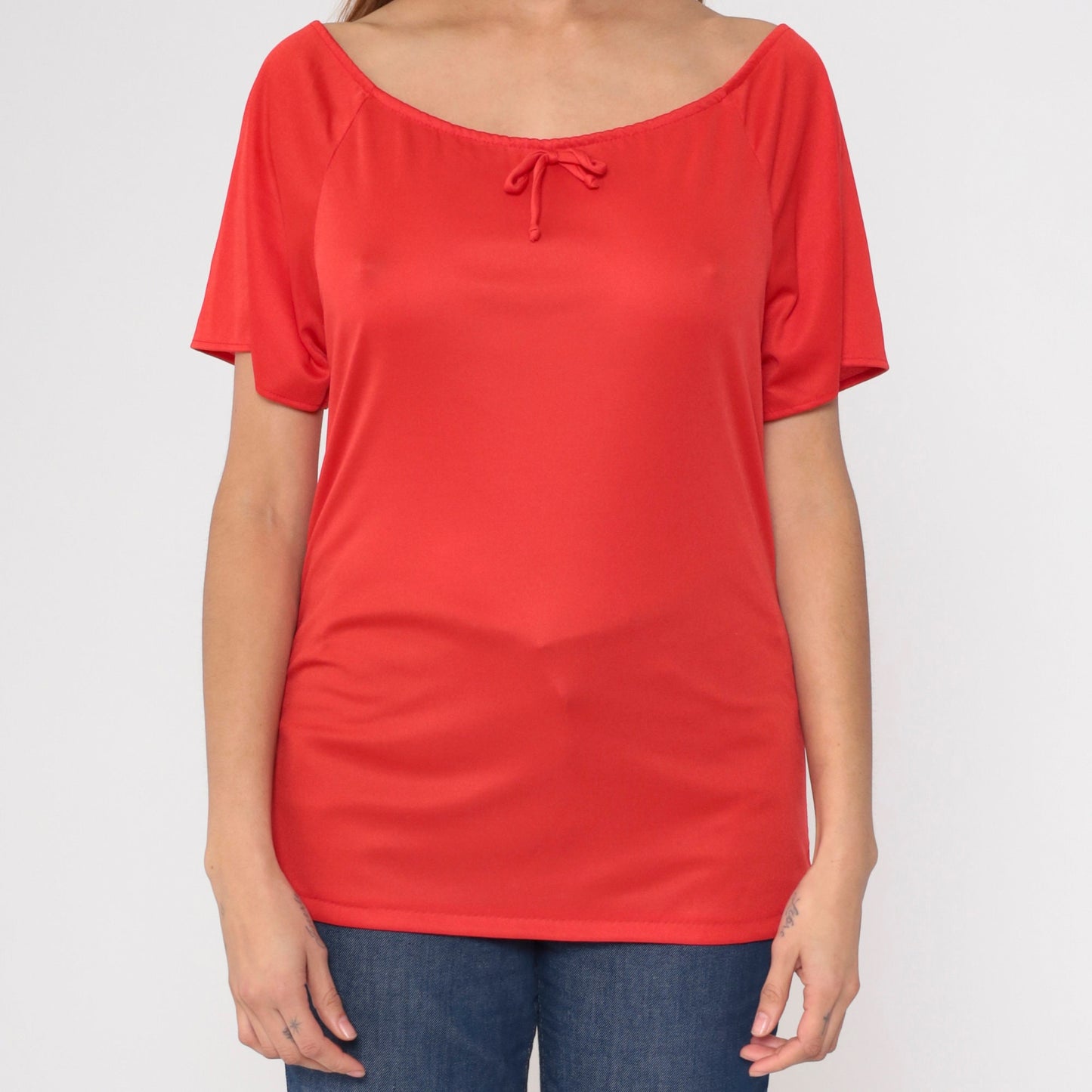 70s Red Bow Neck Blouse Short Raglan Sleeve Tunic Top Extra Small